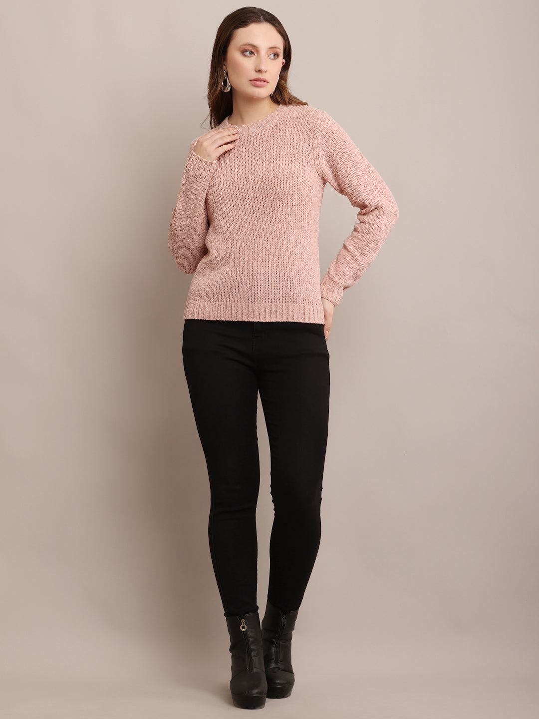 Nylon Full Sleeve with Crew Neck knitted Peach sweater