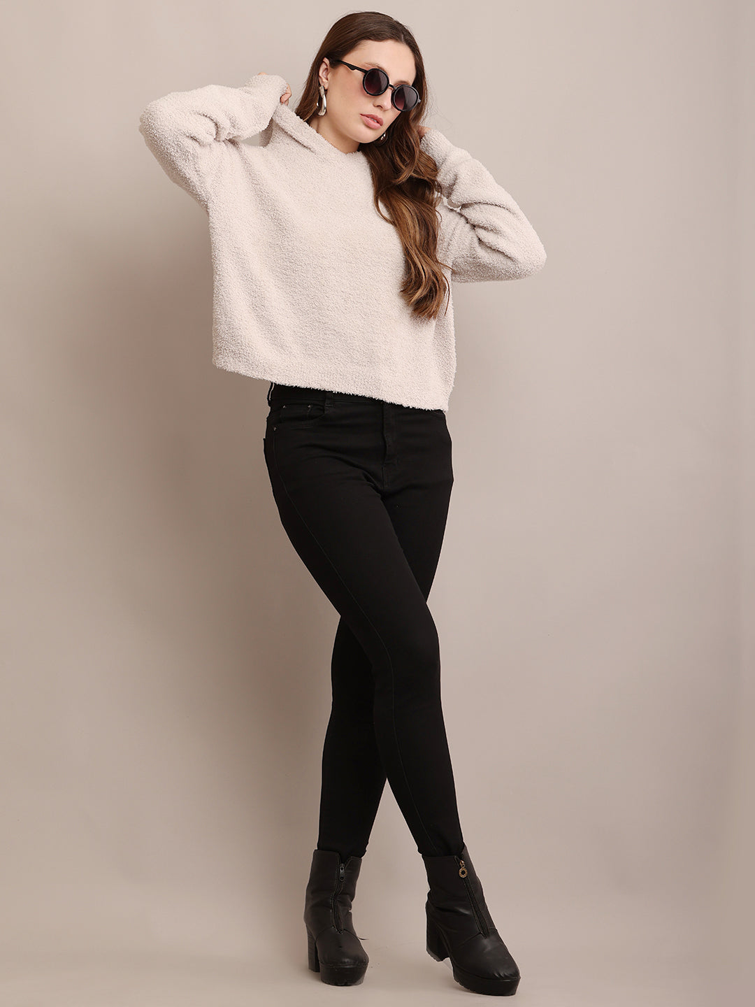 Polyester Full Sleeve with Hooded Furr Grey Sweatshirt