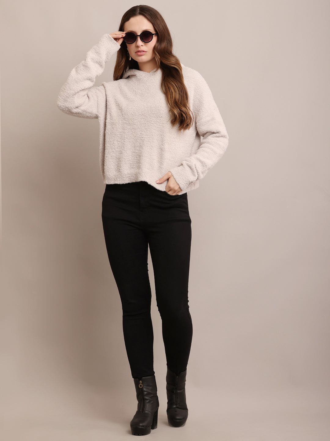 Polyester Full Sleeve with Hooded Furr Grey Sweatshirt