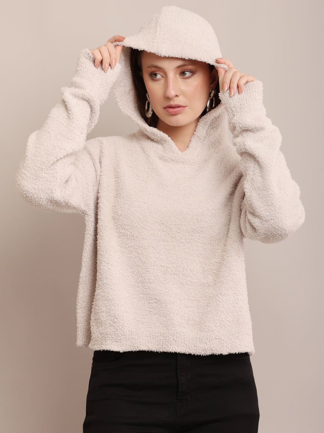 Polyester Full Sleeve with Hooded Furr Grey Sweatshirt