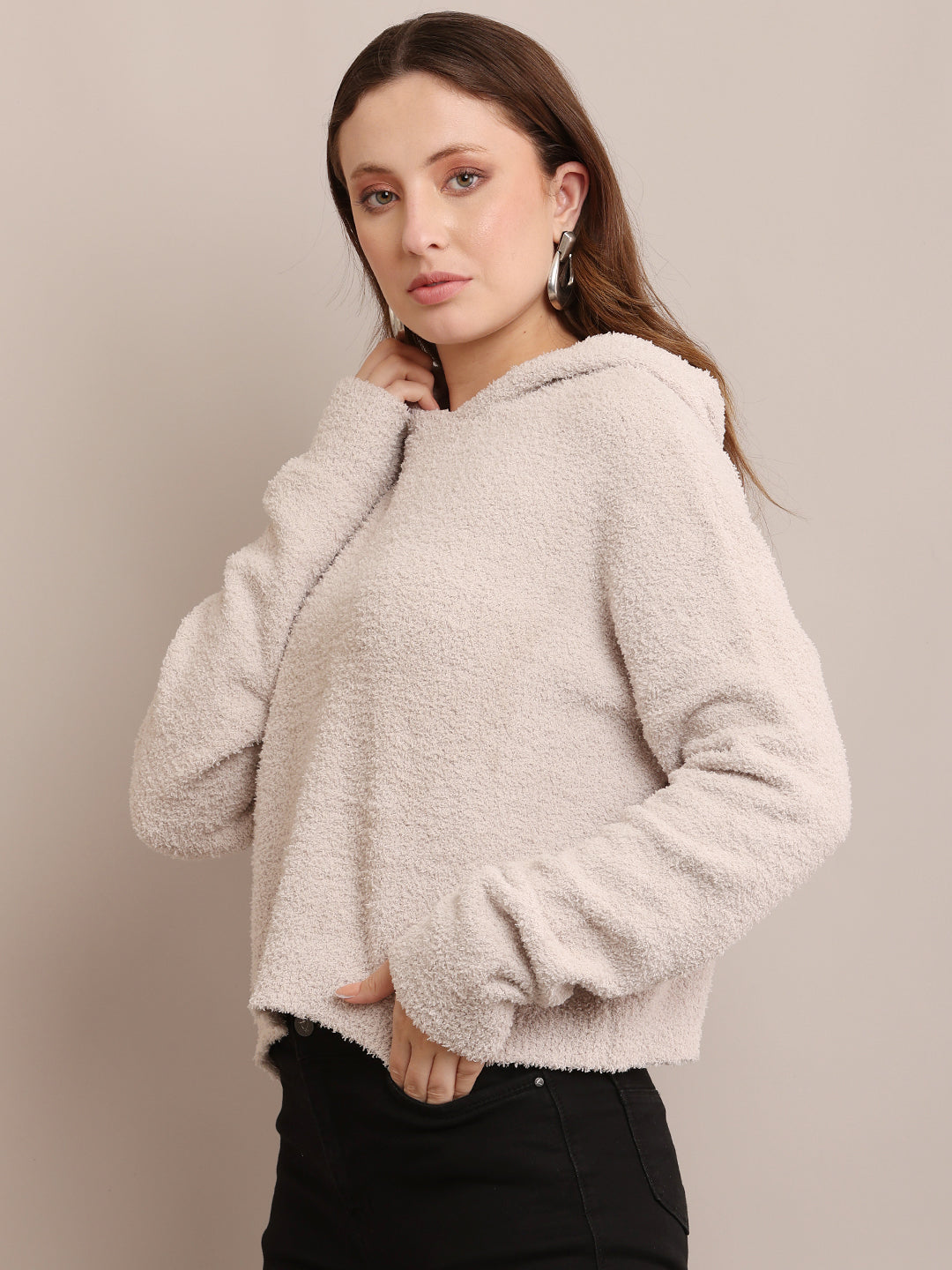 Polyester Full Sleeve with Hooded Furr Grey Sweatshirt