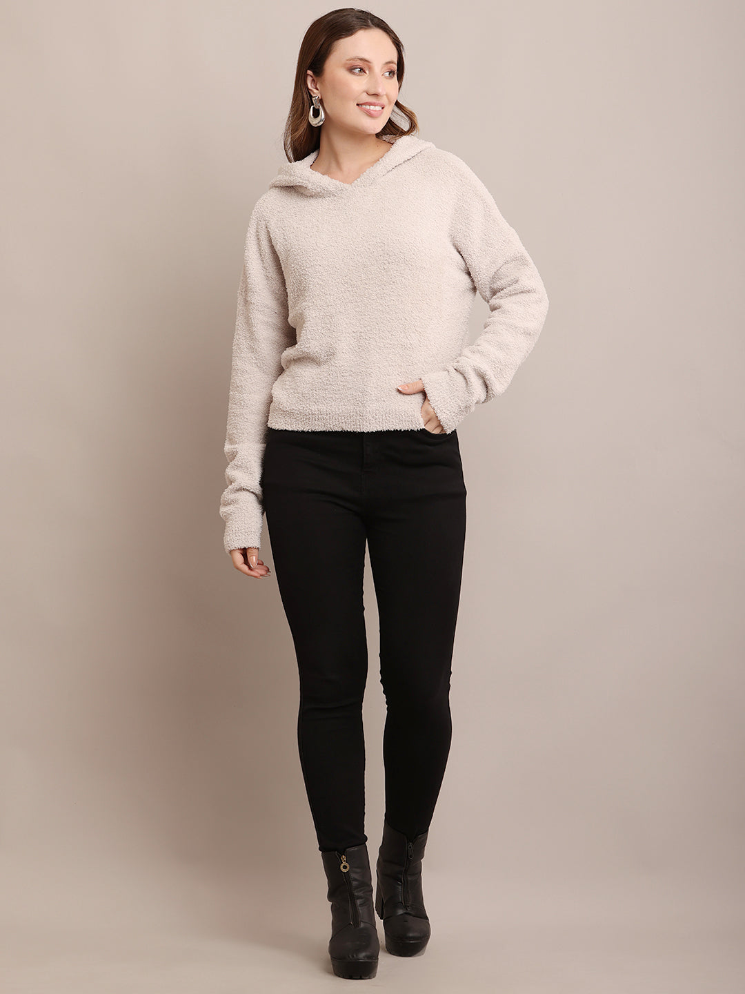Polyester Full Sleeve with Hooded Furr Grey Sweatshirt