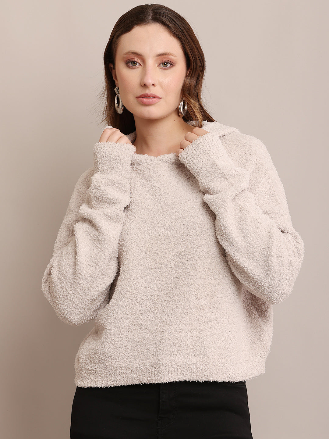 Polyester Full Sleeve with Hooded Furr Grey Sweatshirt