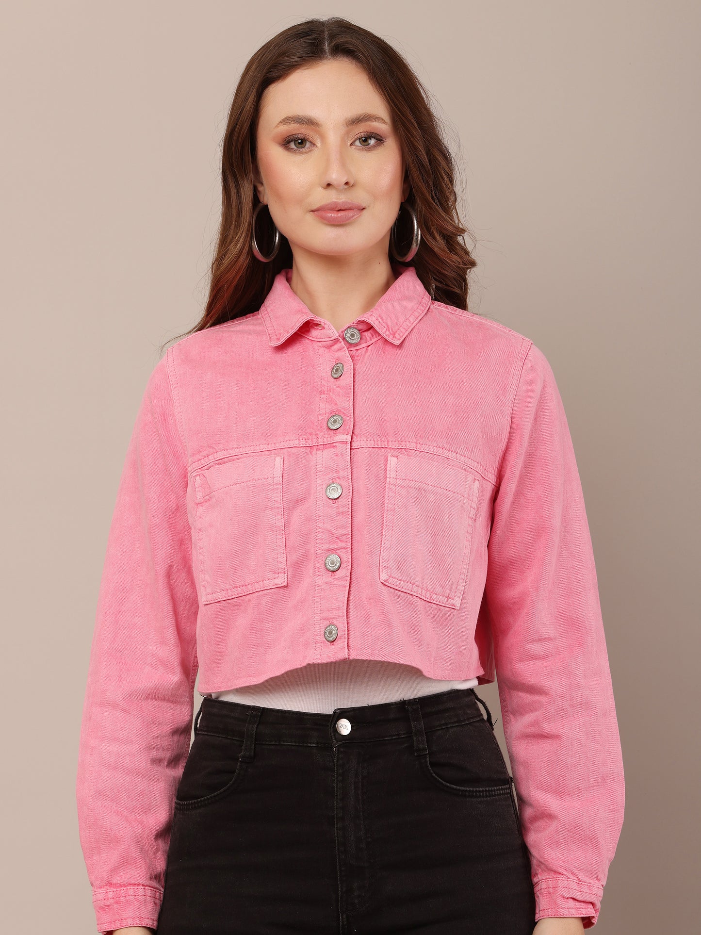 Cotton Full Sleeve with Shirt Collar Pink Jacket