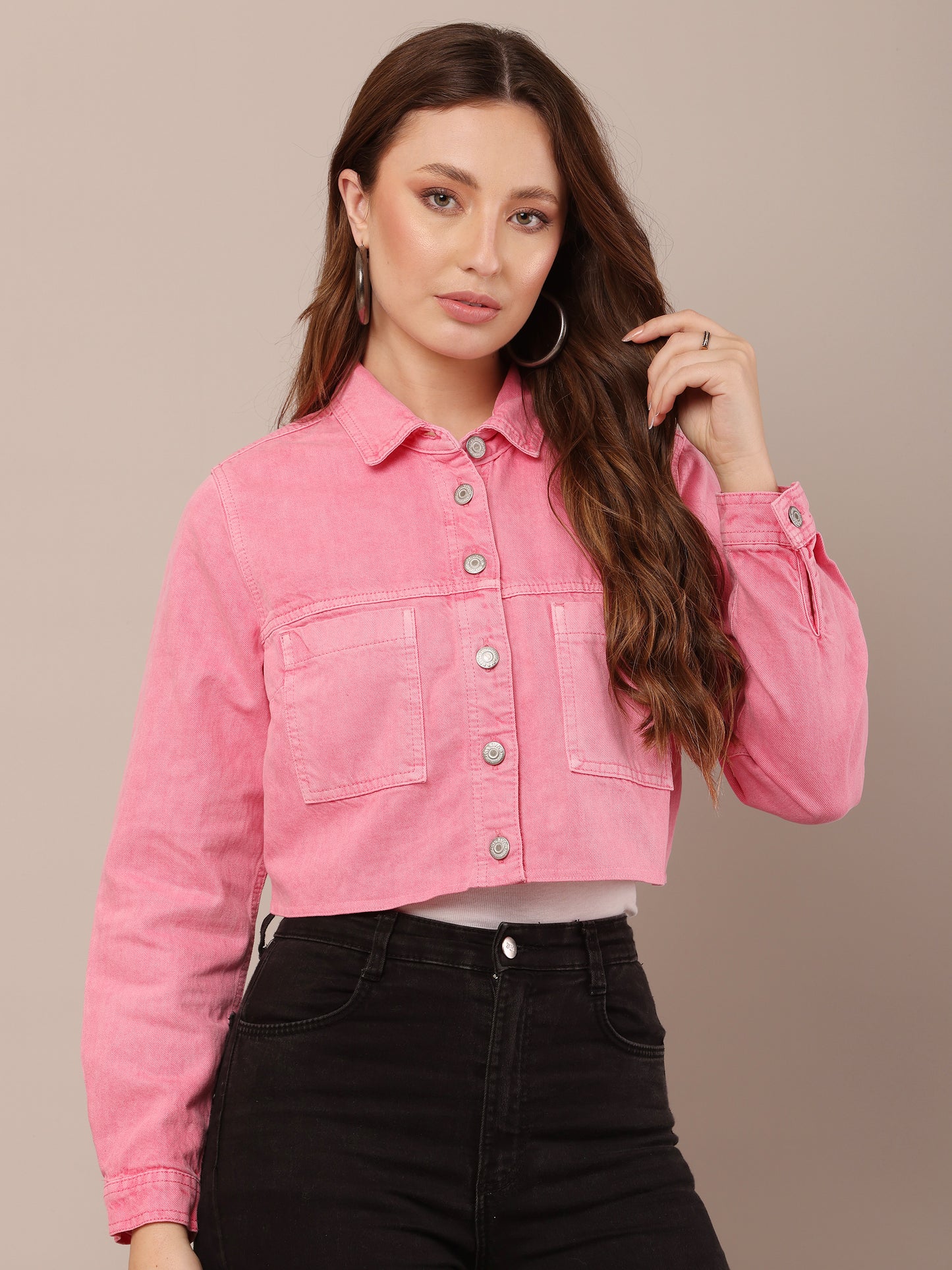Cotton Full Sleeve with Shirt Collar Pink Jacket