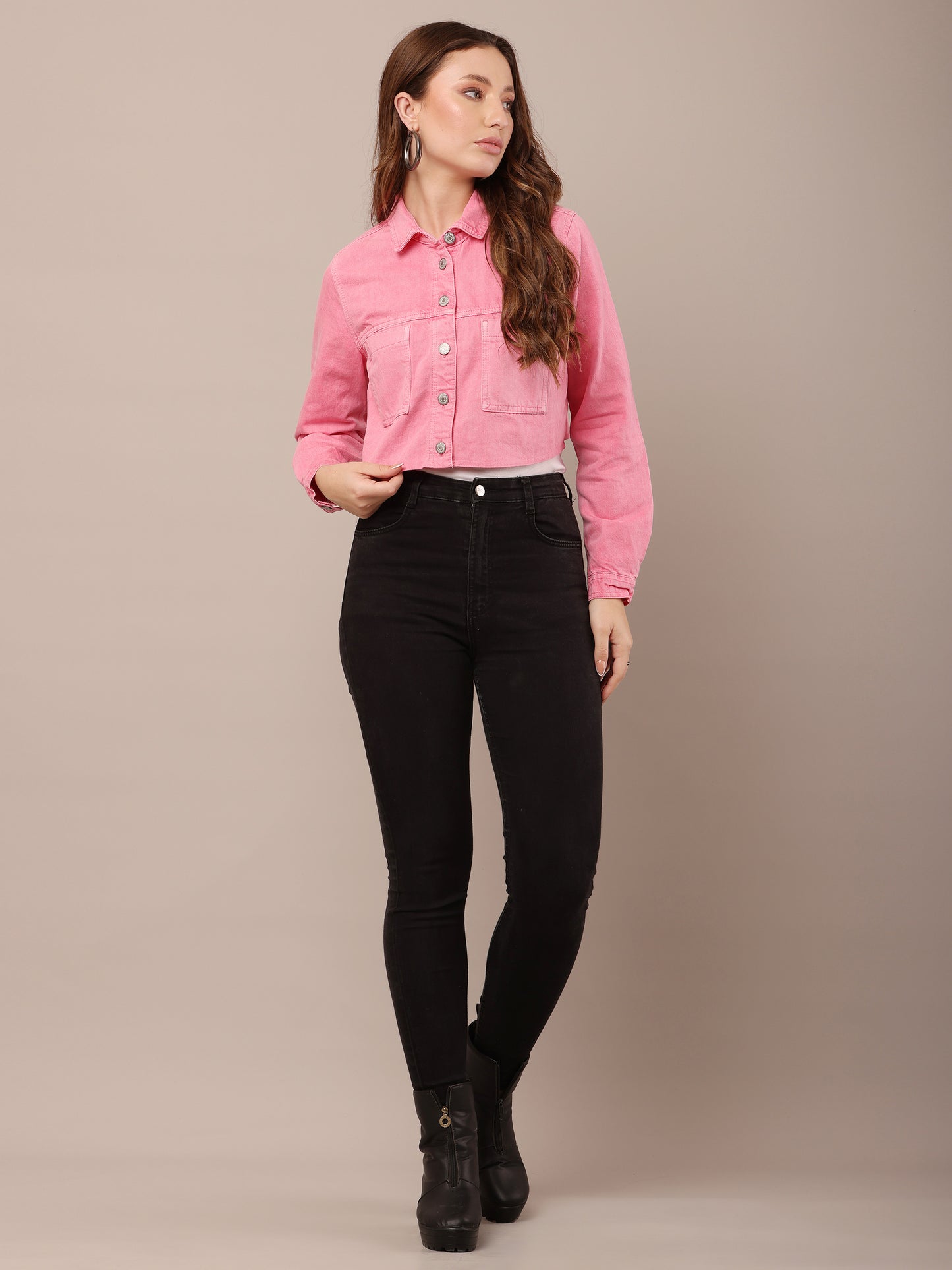 Cotton Full Sleeve with Shirt Collar Pink Jacket