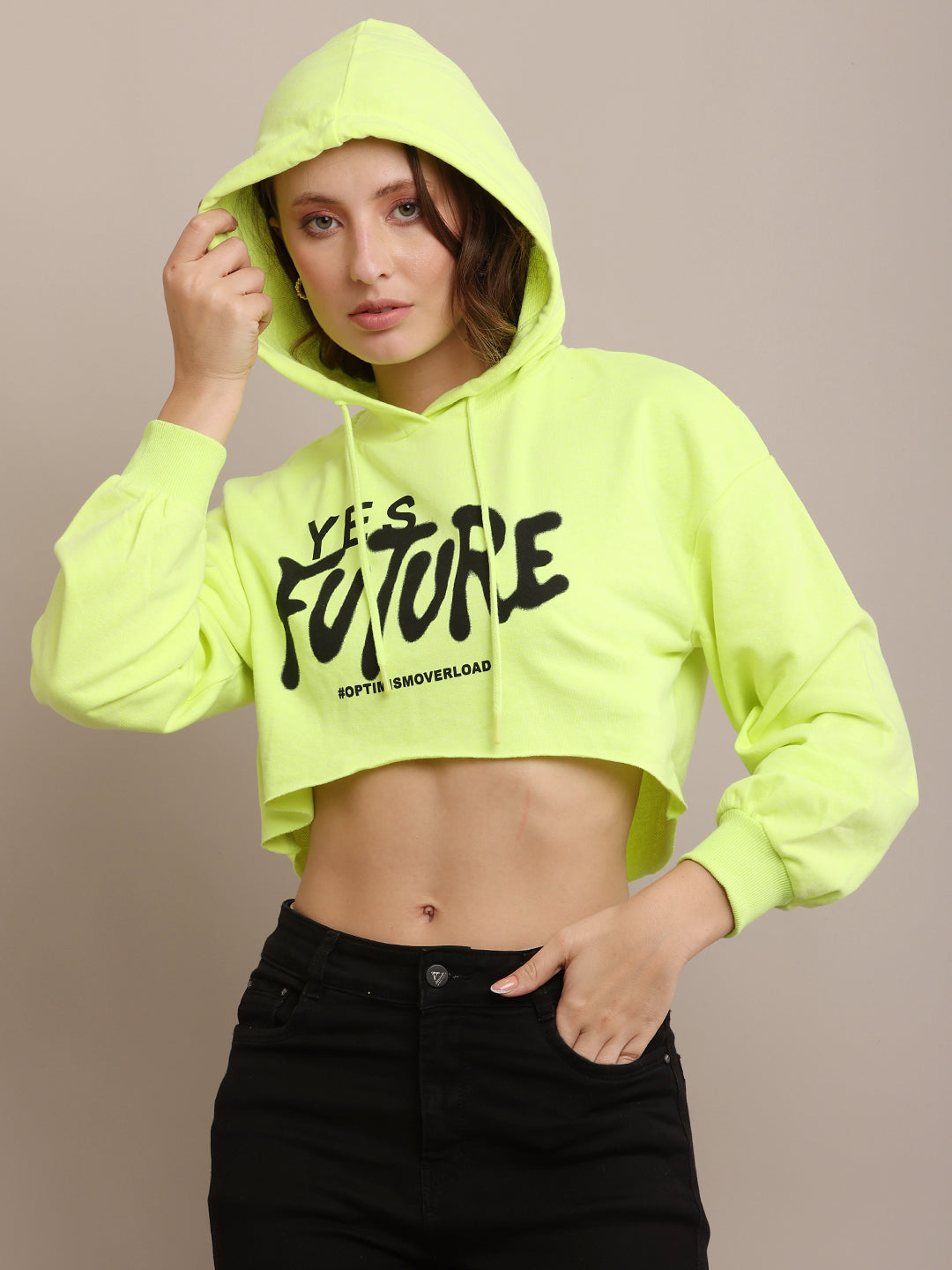 Cotton Casual Long Sleeve Cropped Hooded Parrot Green Sweatshirt