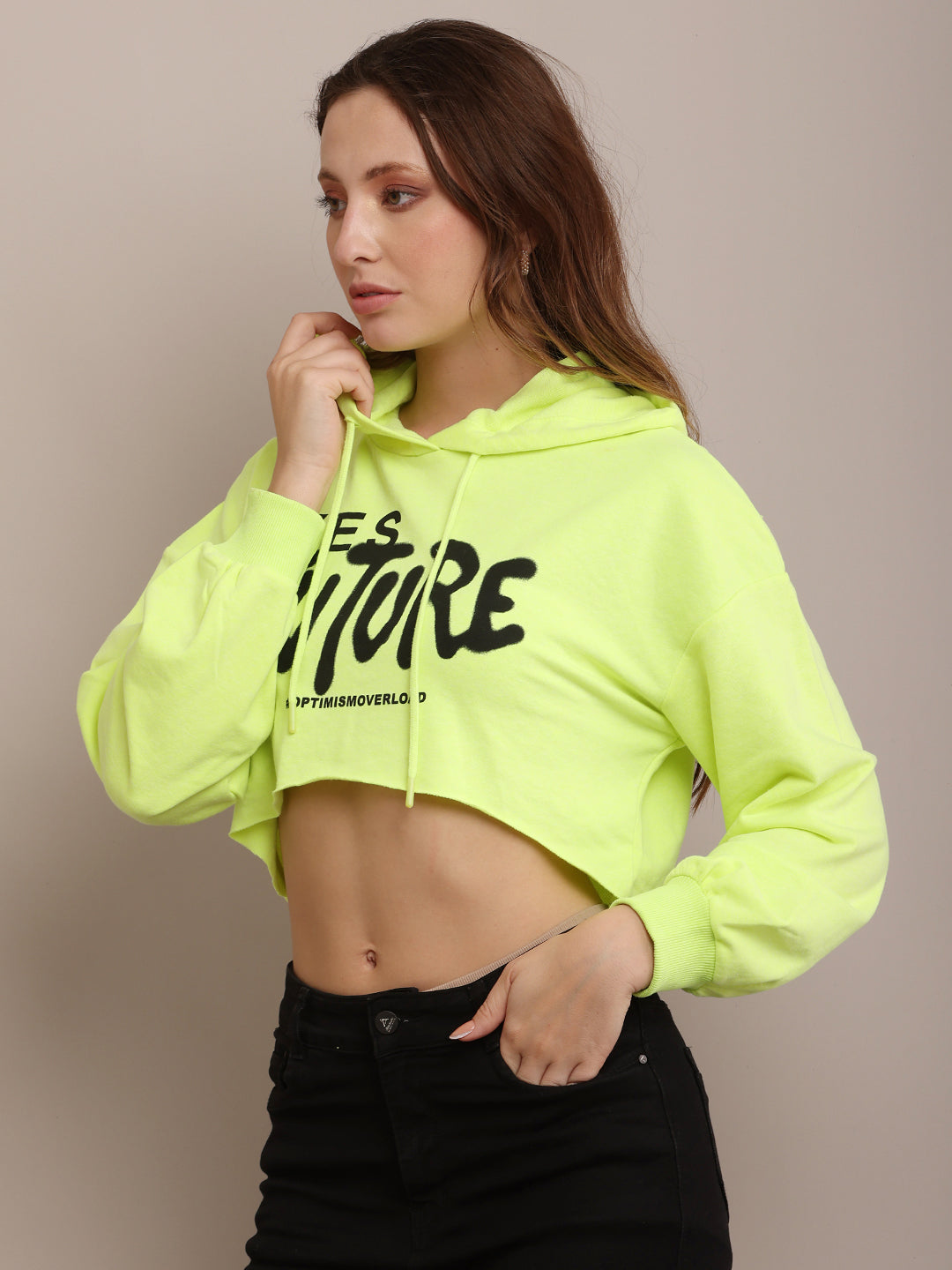 Cotton Casual Long Sleeve Cropped Hooded Parrot Green Sweatshirt