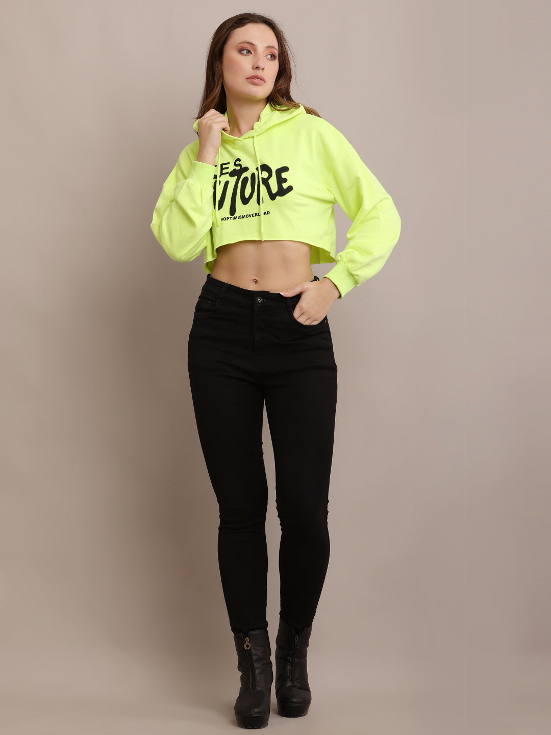 Cotton Casual Long Sleeve Cropped Hooded Parrot Green Sweatshirt