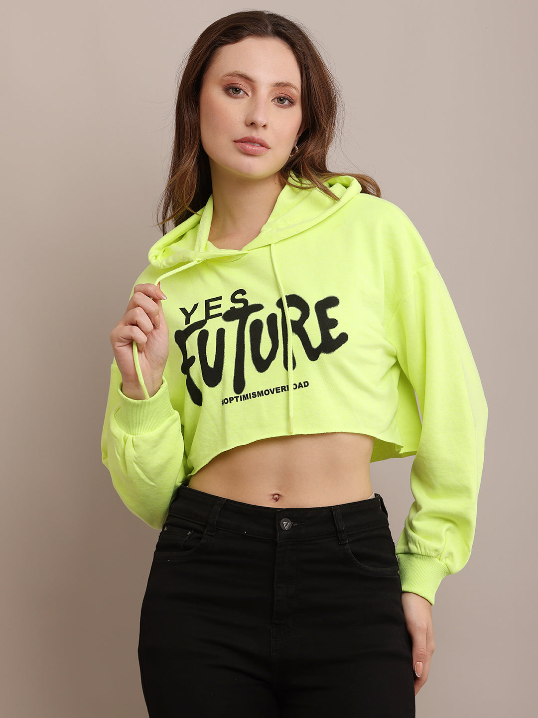 Cotton Casual Long Sleeve Cropped Hooded Parrot Green Sweatshirt