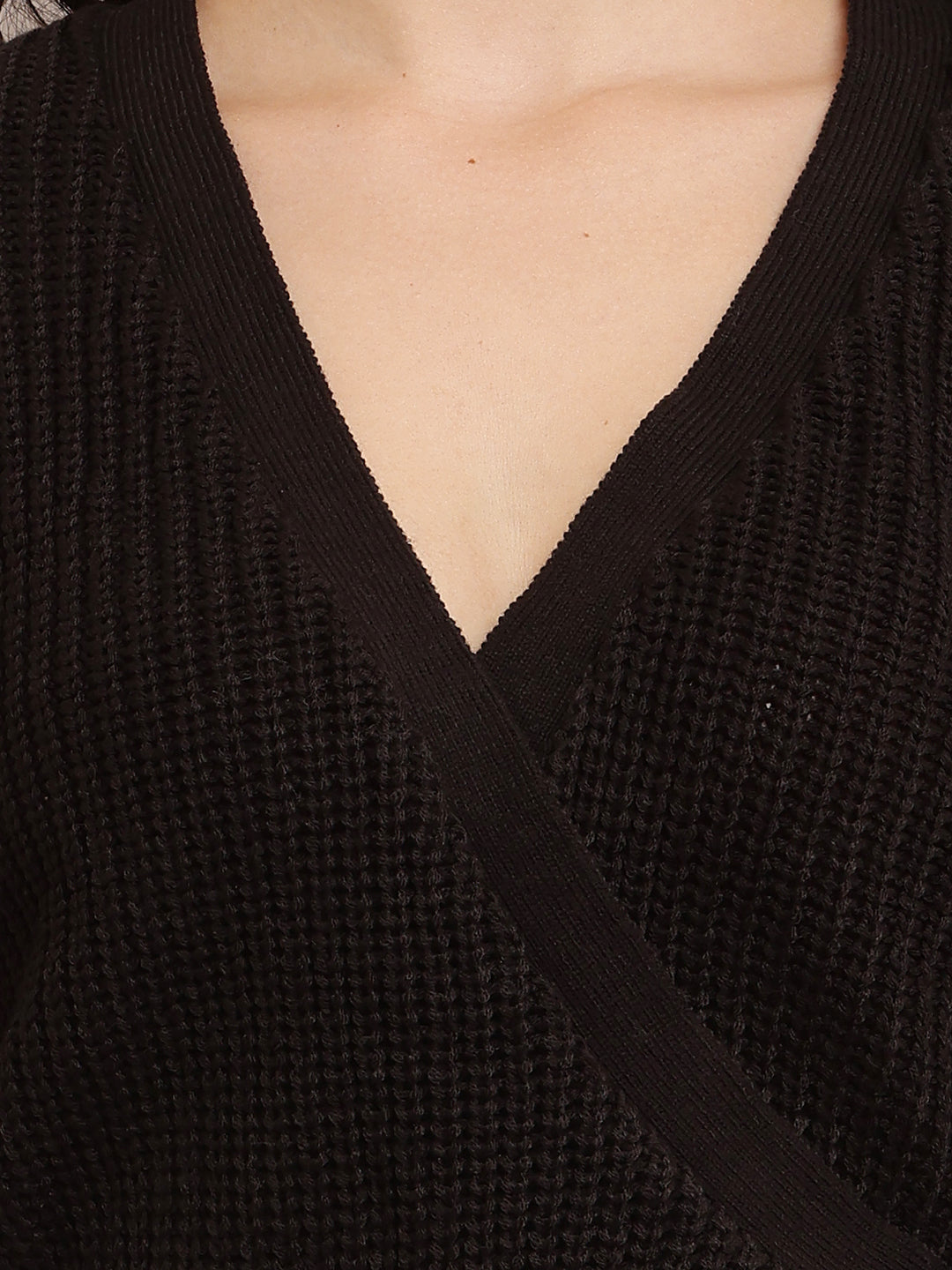 Acrylic Full Sleeve with V-Neck open wrap front knitted Black Cardigan