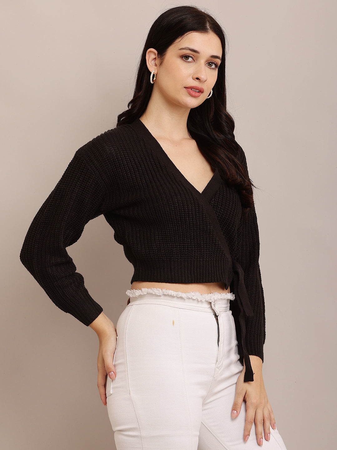 Acrylic Full Sleeve with V-Neck open wrap front knitted Black Cardigan