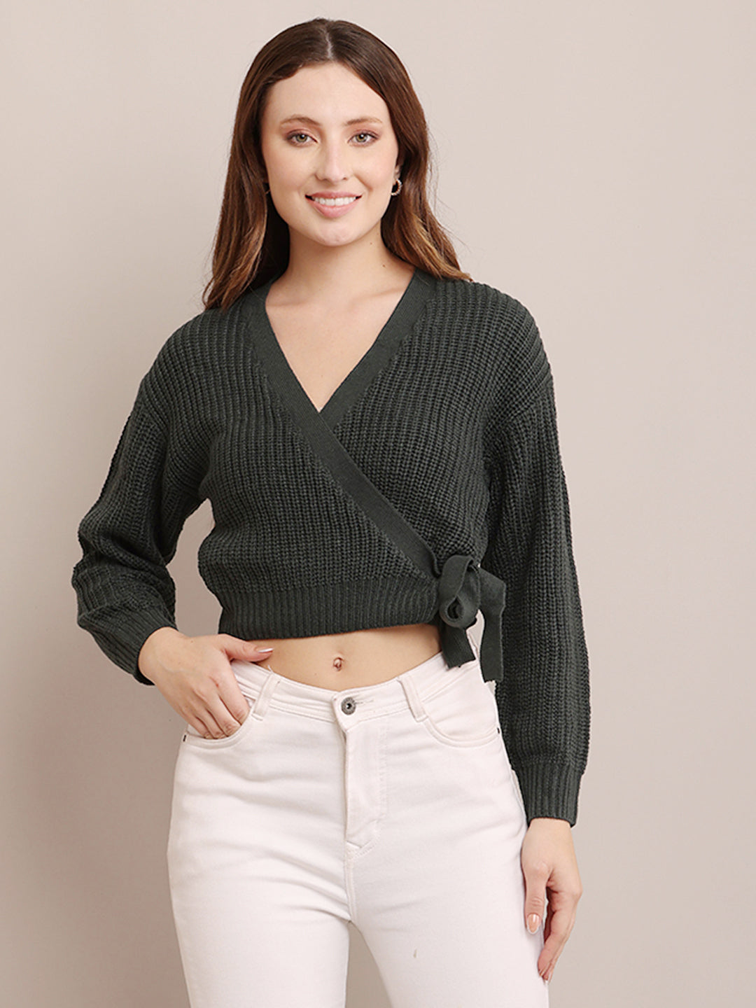 Acrylic Full Sleeve with V-Neck open wrap front knitted Dark Green Cardigan