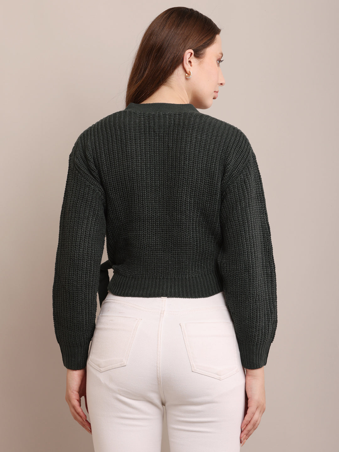 Acrylic Full Sleeve with V-Neck open wrap front knitted Dark Green Cardigan