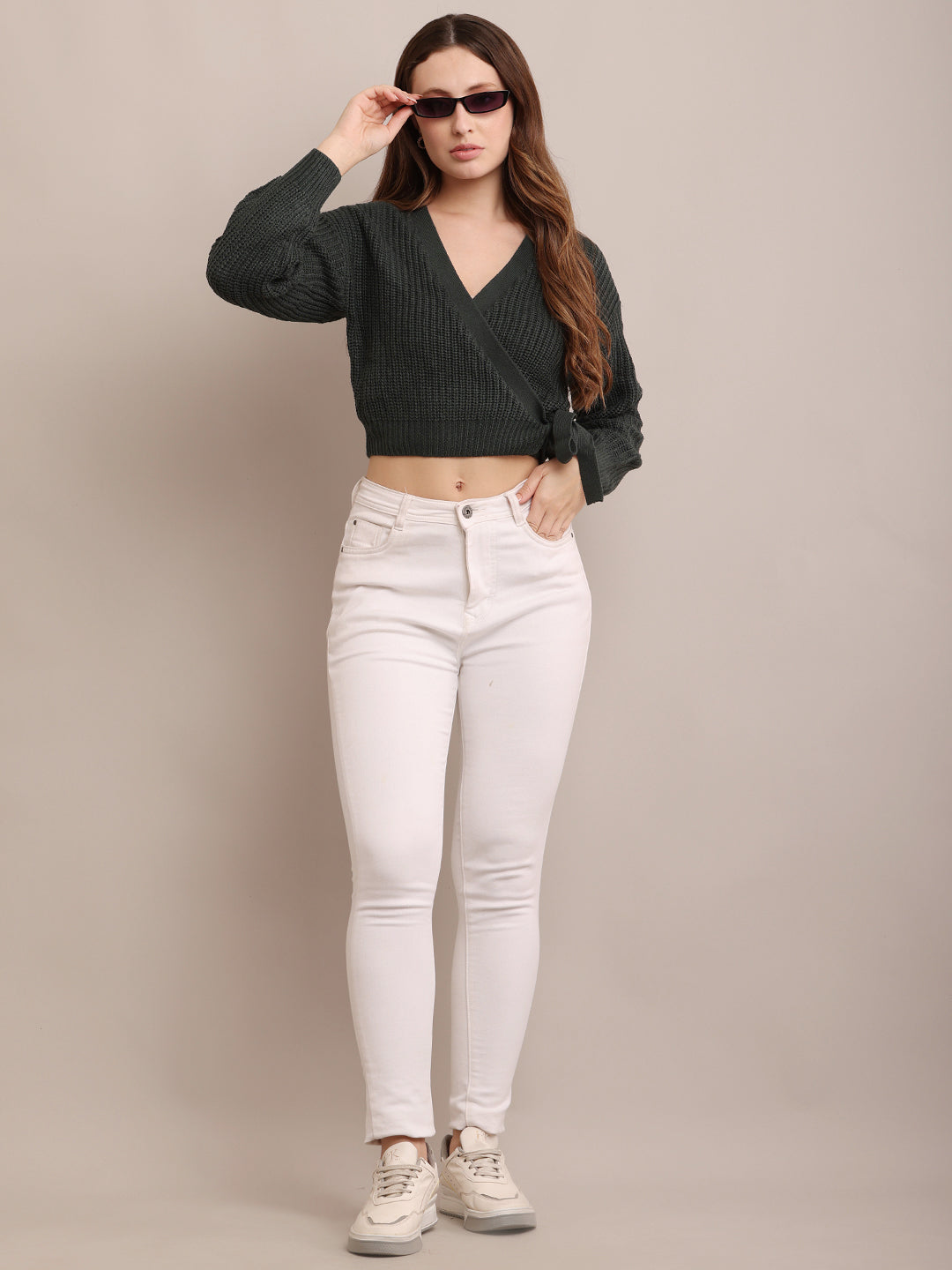 Acrylic Full Sleeve with V-Neck open wrap front knitted Dark Green Cardigan