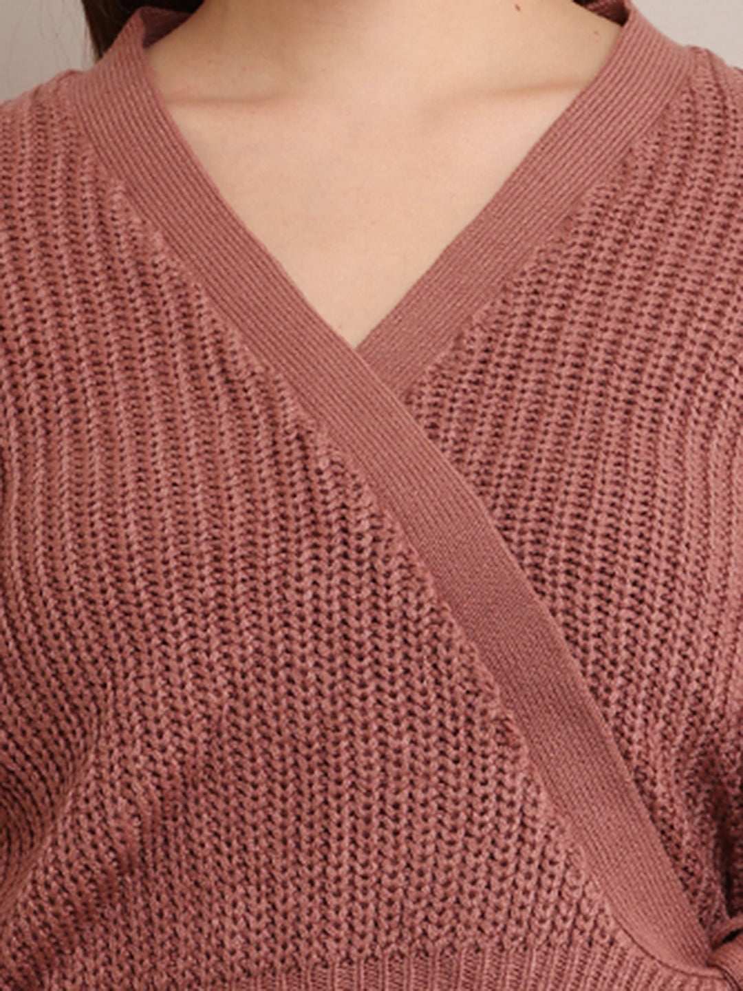 Acrylic Full Sleeve with V-Neck open wrap front knitted Peach Cardigan