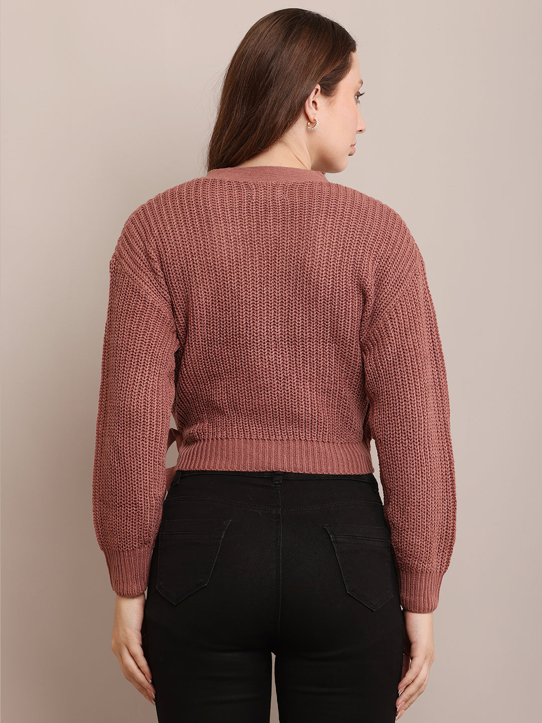 Acrylic Full Sleeve with V-Neck open wrap front knitted Peach Cardigan