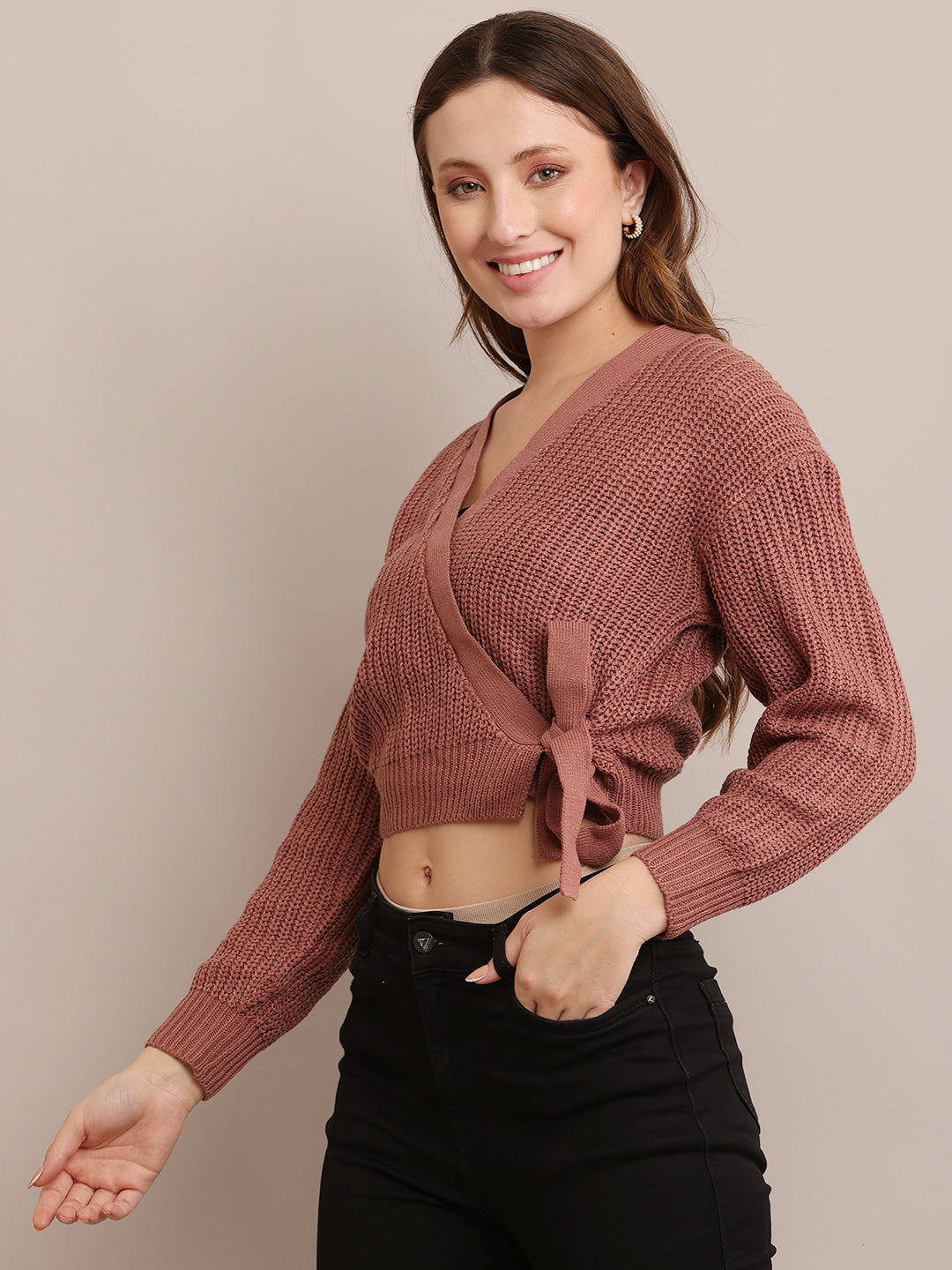 Acrylic Full Sleeve with V-Neck open wrap front knitted Peach Cardigan
