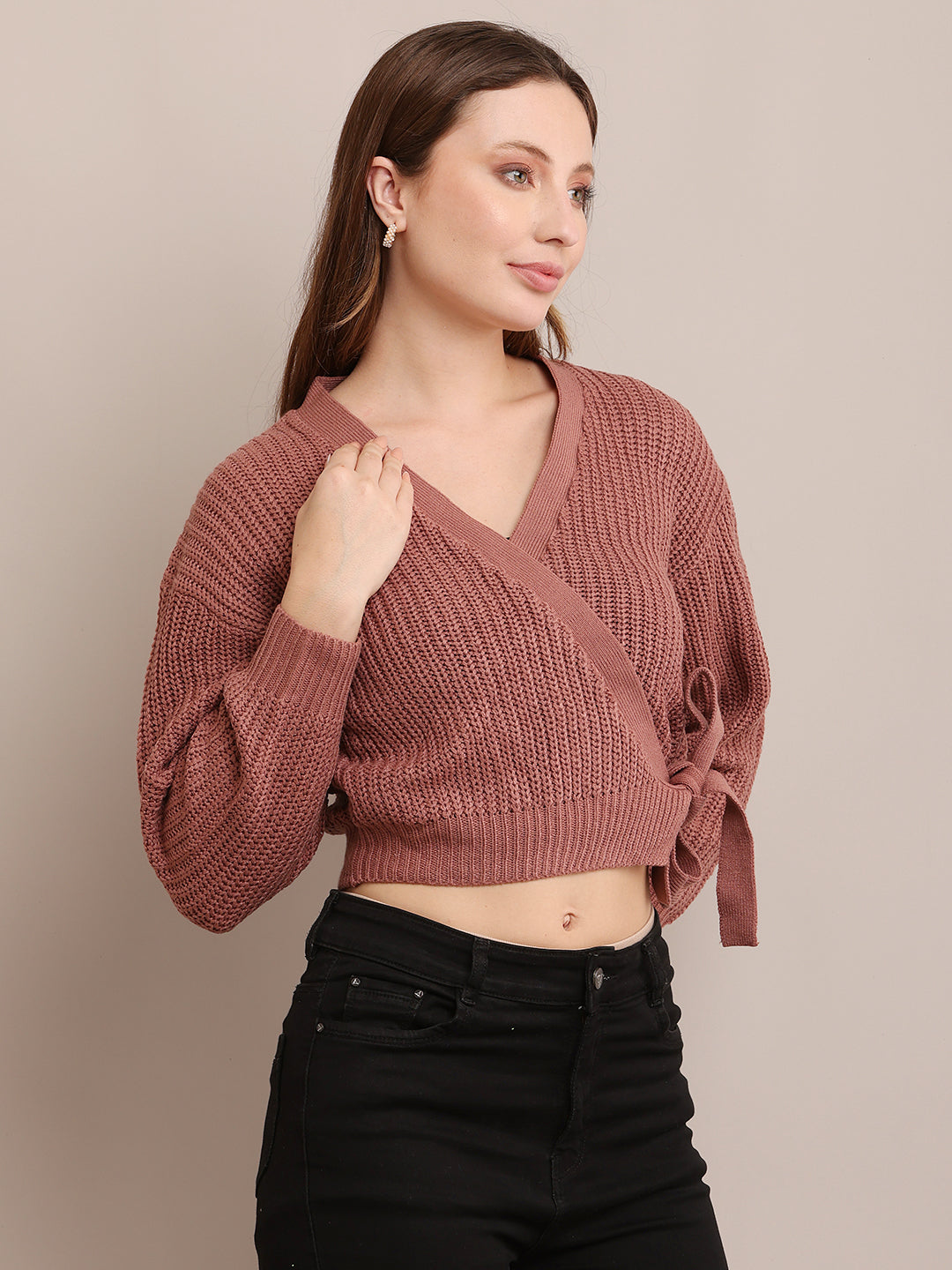Acrylic Full Sleeve with V-Neck open wrap front knitted Peach Cardigan