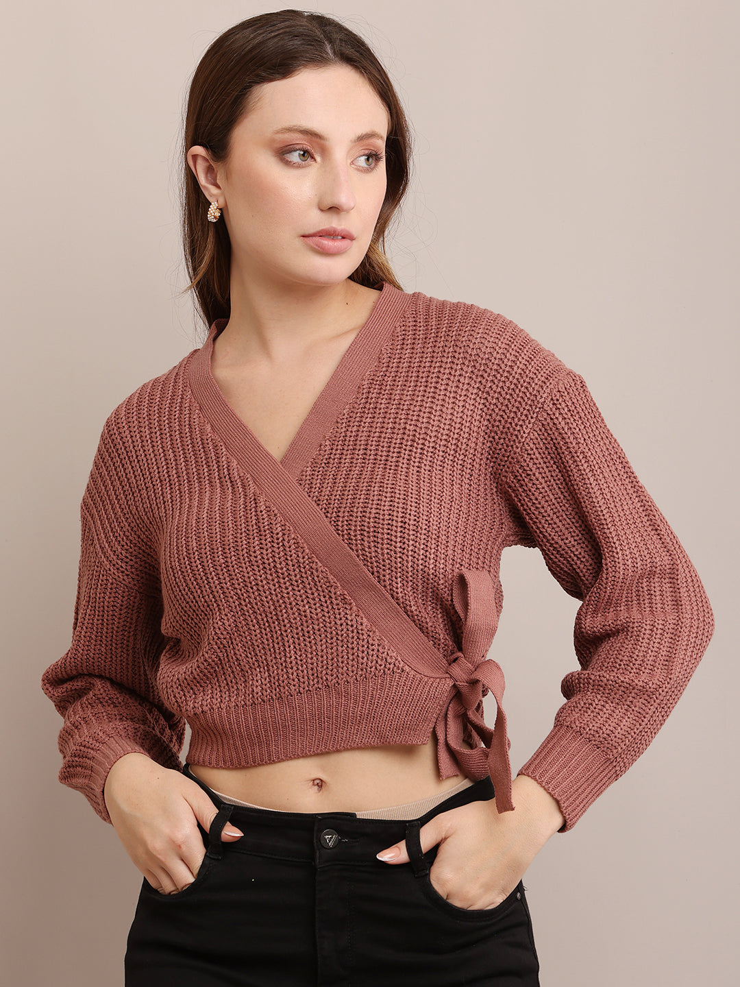 Acrylic Full Sleeve with V-Neck open wrap front knitted Peach Cardigan