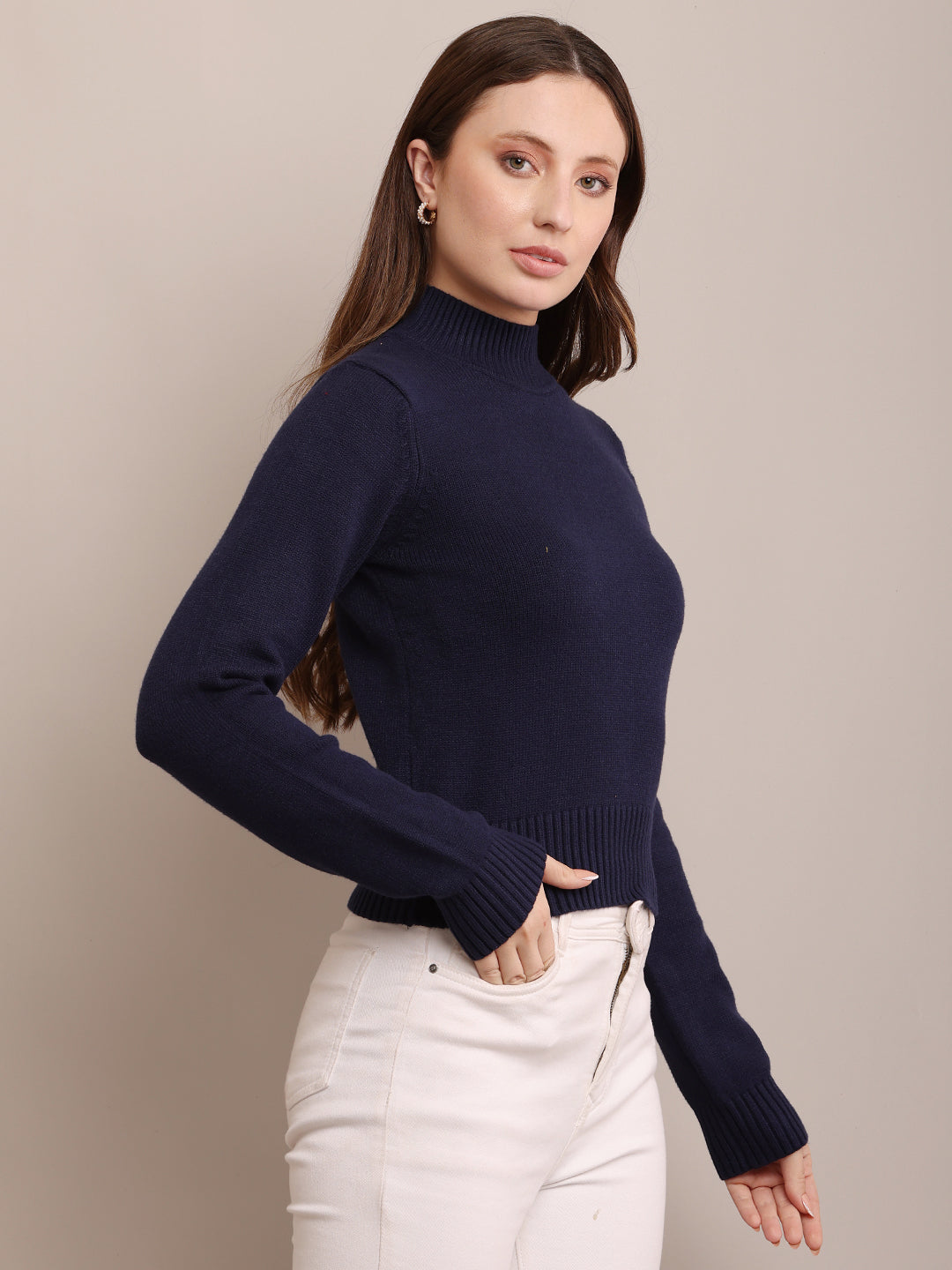 Acrylic Full Sleeve with Crew-Neck Ribbed Dark Blue Sweater
