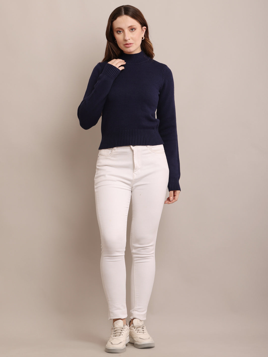 Acrylic Full Sleeve with Crew-Neck Ribbed Dark Blue Sweater