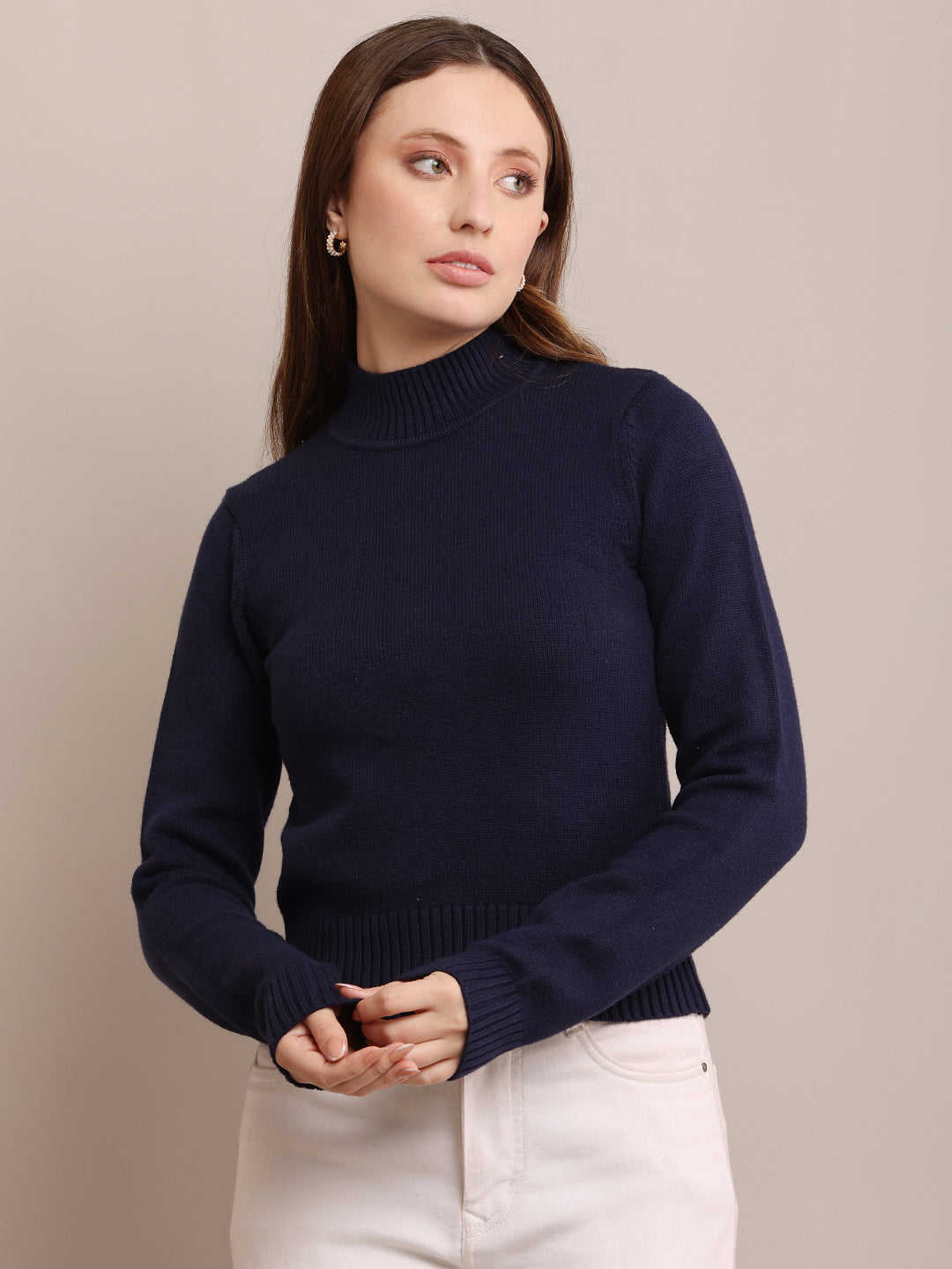 Acrylic Full Sleeve with Crew-Neck Ribbed Dark Blue Sweater