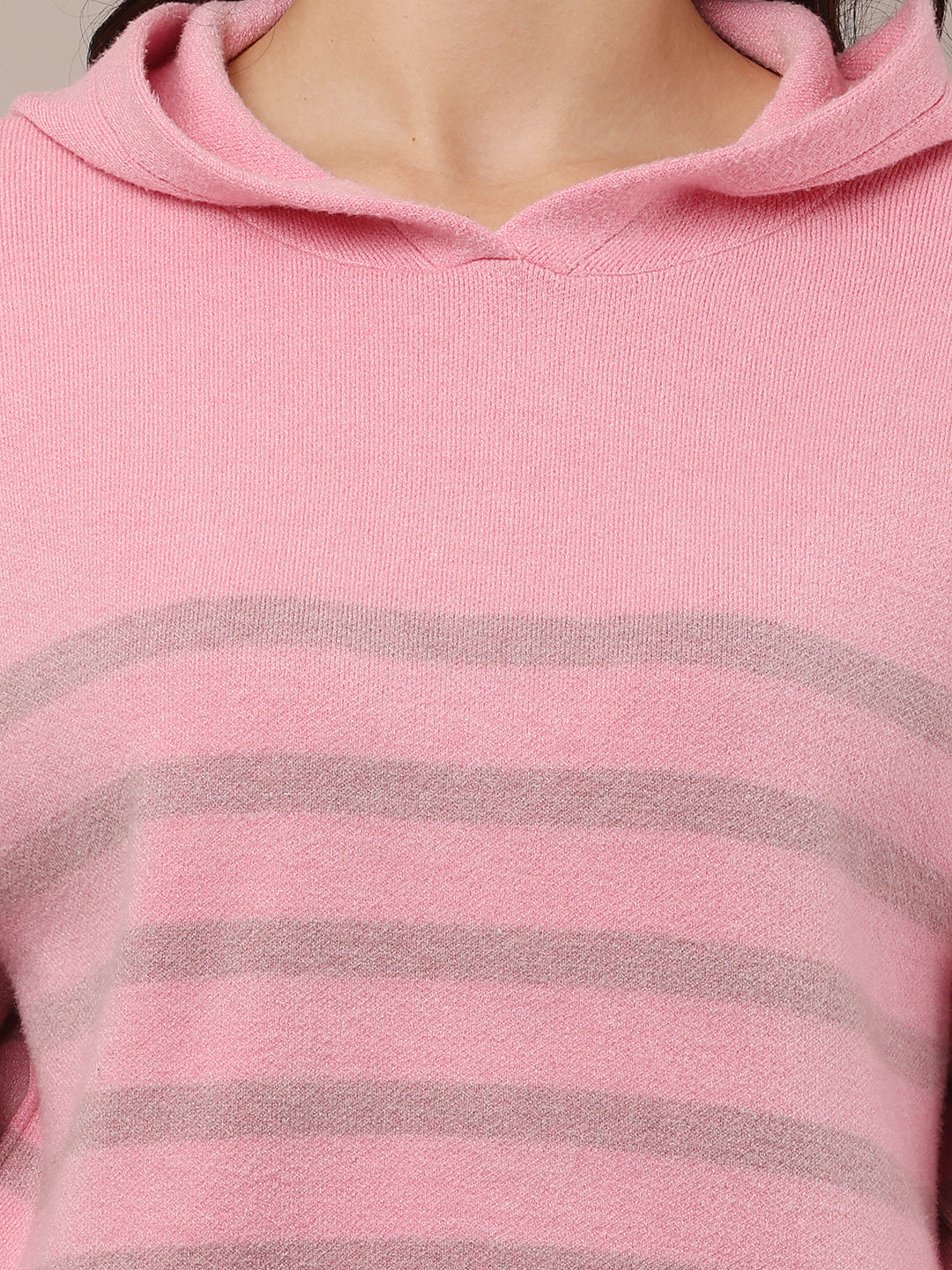 Acrylic Full Sleeve Hooded Striped Pink Sweatshirt