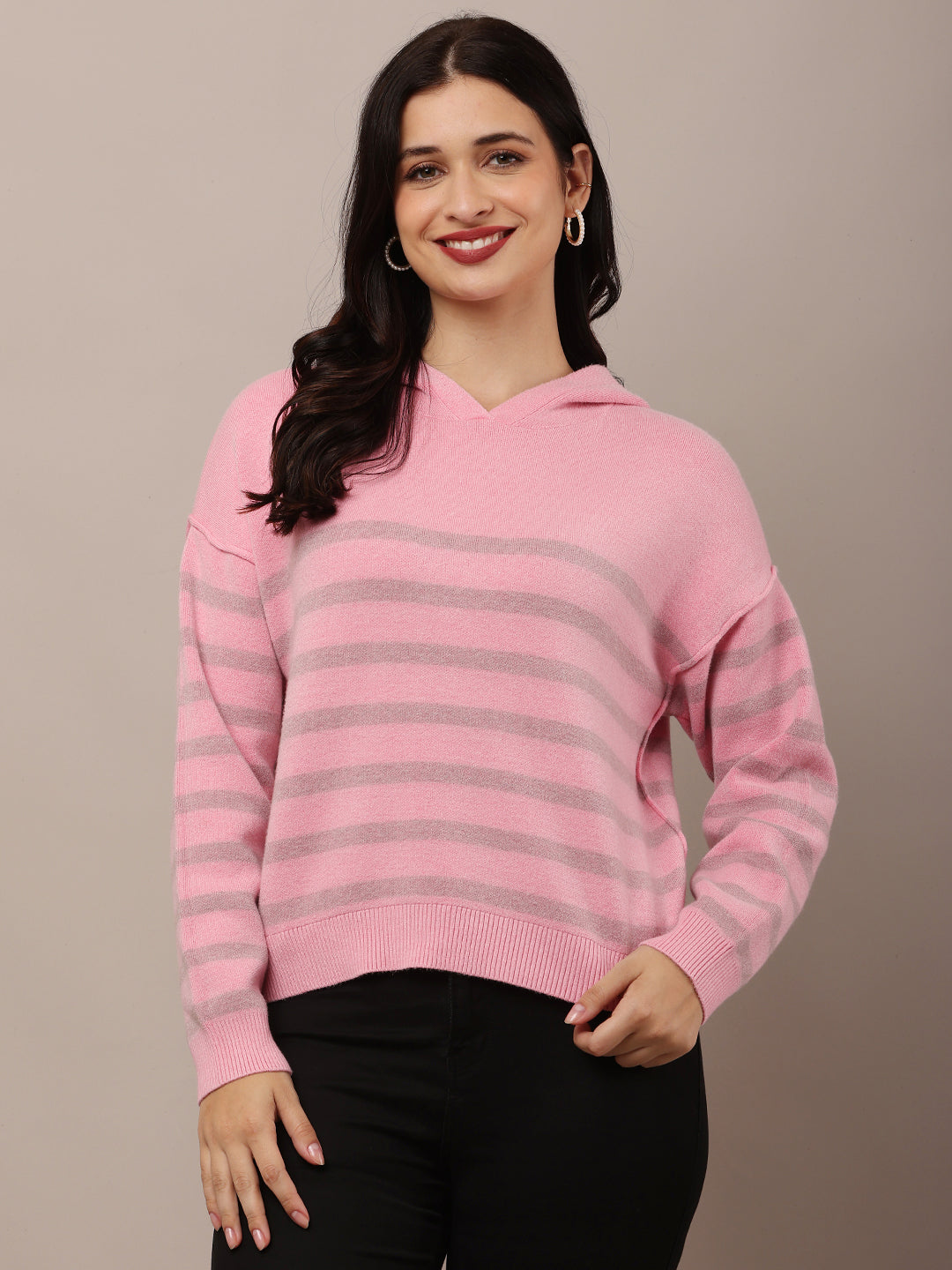 Acrylic Full Sleeve Hooded Striped Pink Sweatshirt
