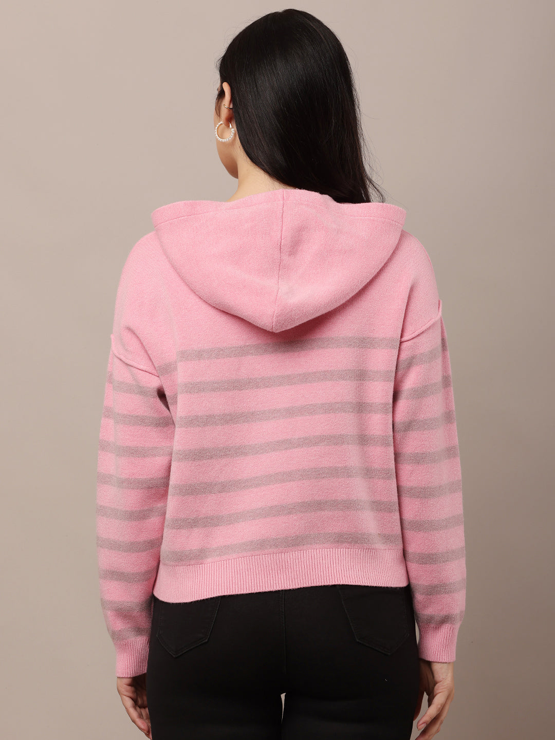Acrylic Full Sleeve Hooded Striped Pink Sweatshirt