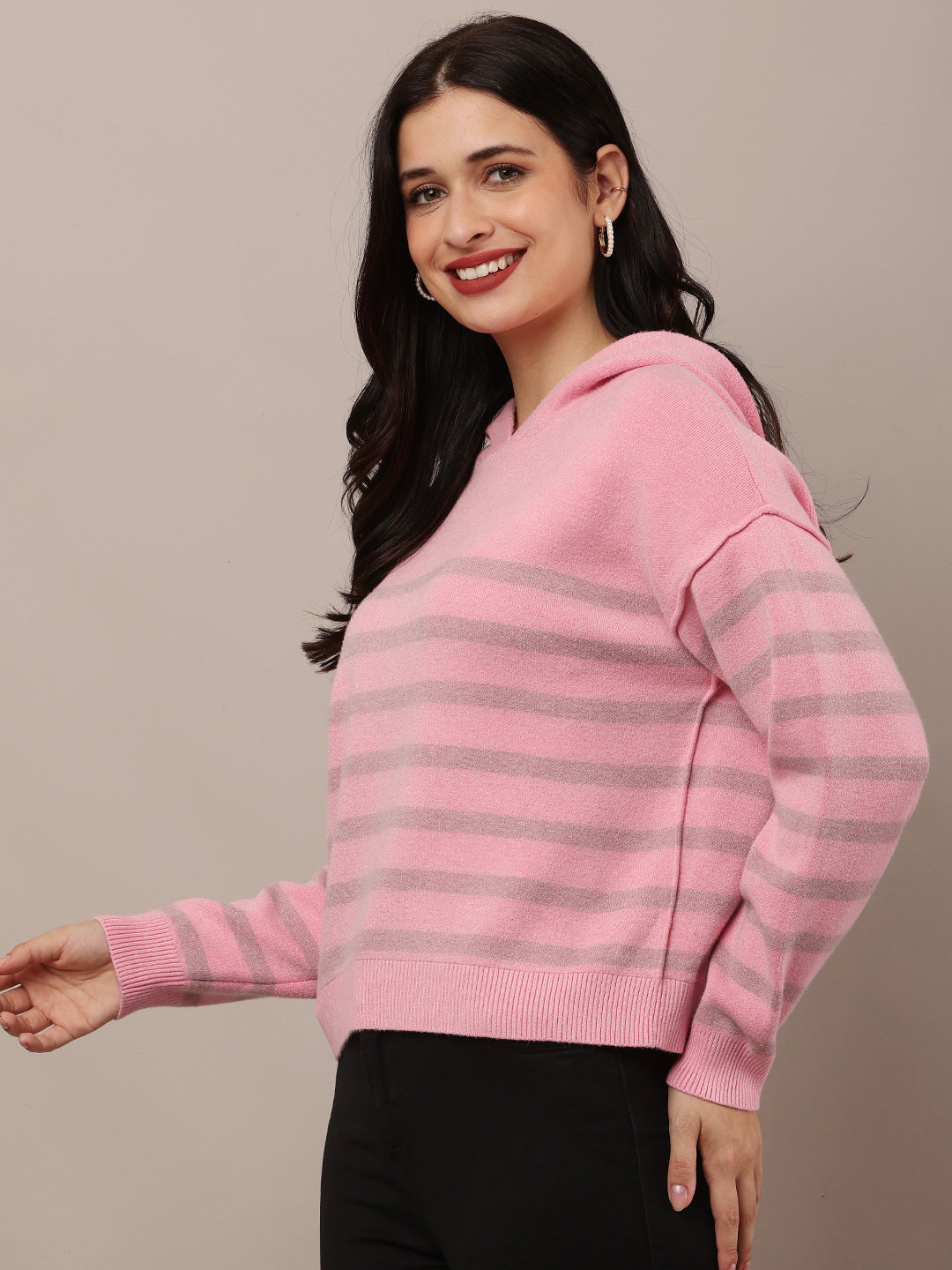 Acrylic Full Sleeve Hooded Striped Pink Sweatshirt