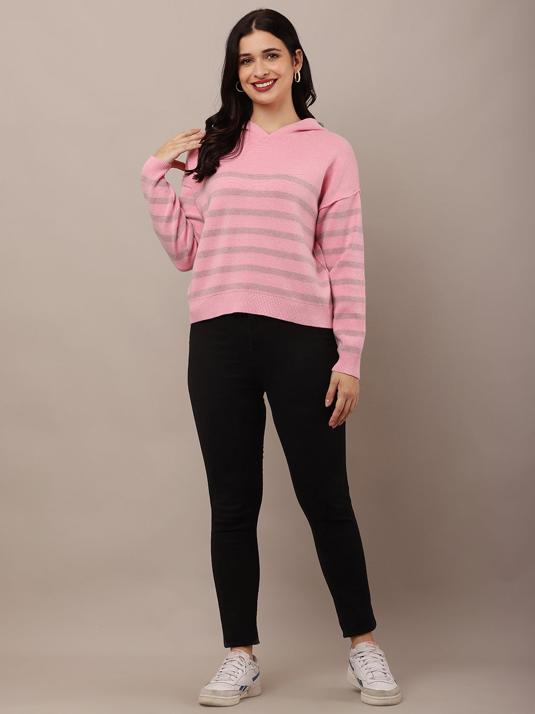 Acrylic Full Sleeve Hooded Striped Pink Sweatshirt