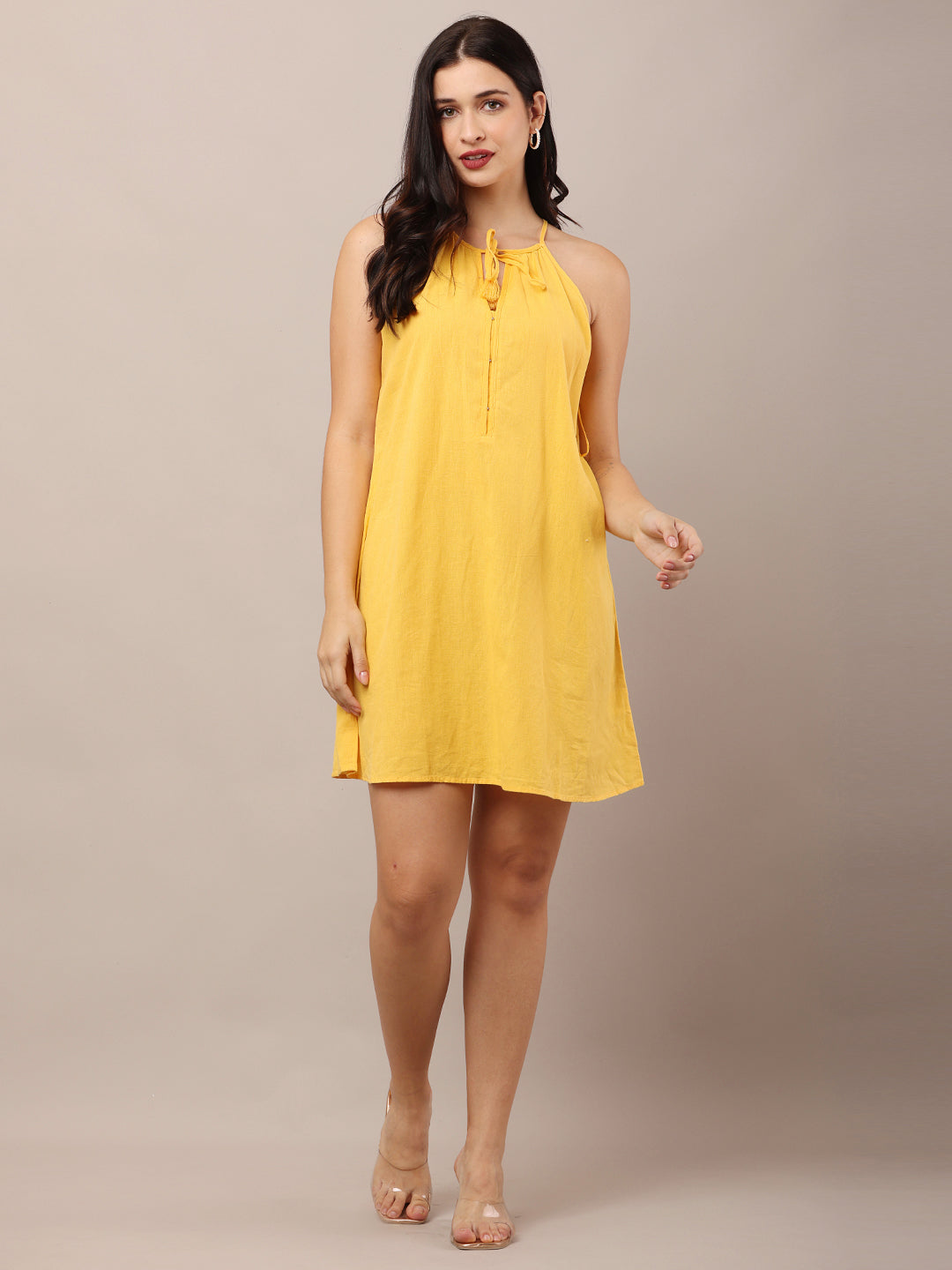 Cotton Halter Neck with Sleeveless A-line Yellow Dress
