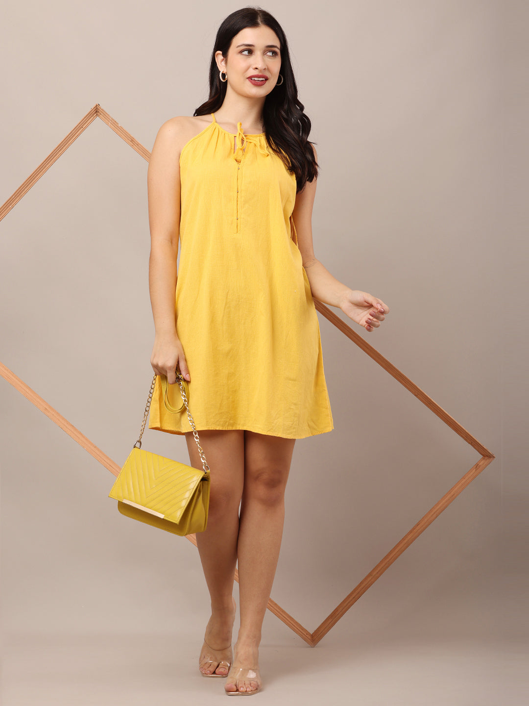 Cotton Halter Neck with Sleeveless A-line Yellow Dress