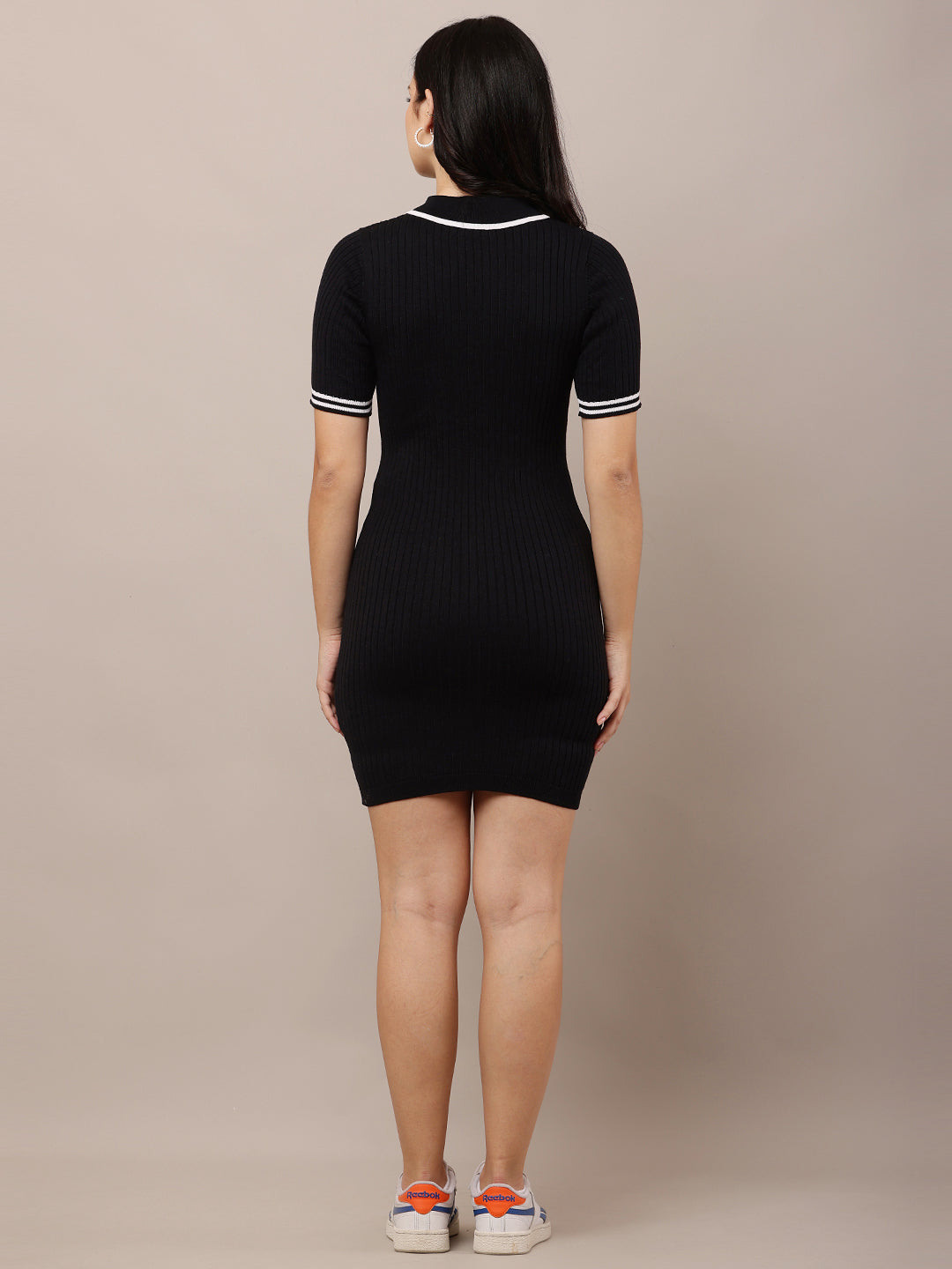 Viscose Shirt Collar with Short Sleeve Ribbed Sheath Black Dress