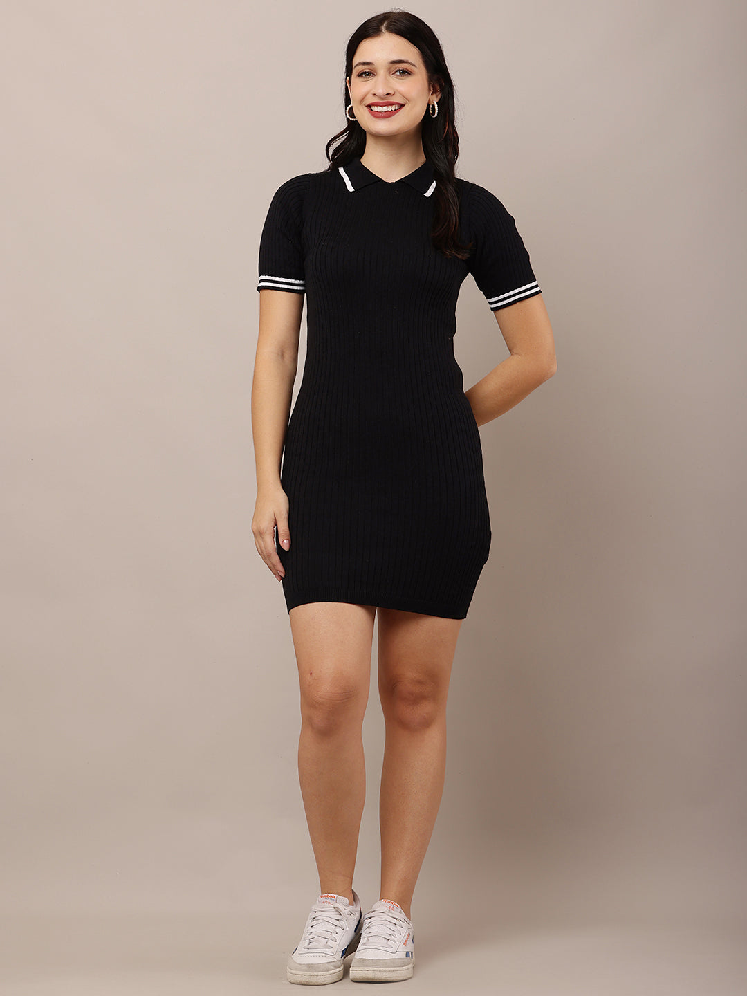 Viscose Shirt Collar with Short Sleeve Ribbed Sheath Black Dress