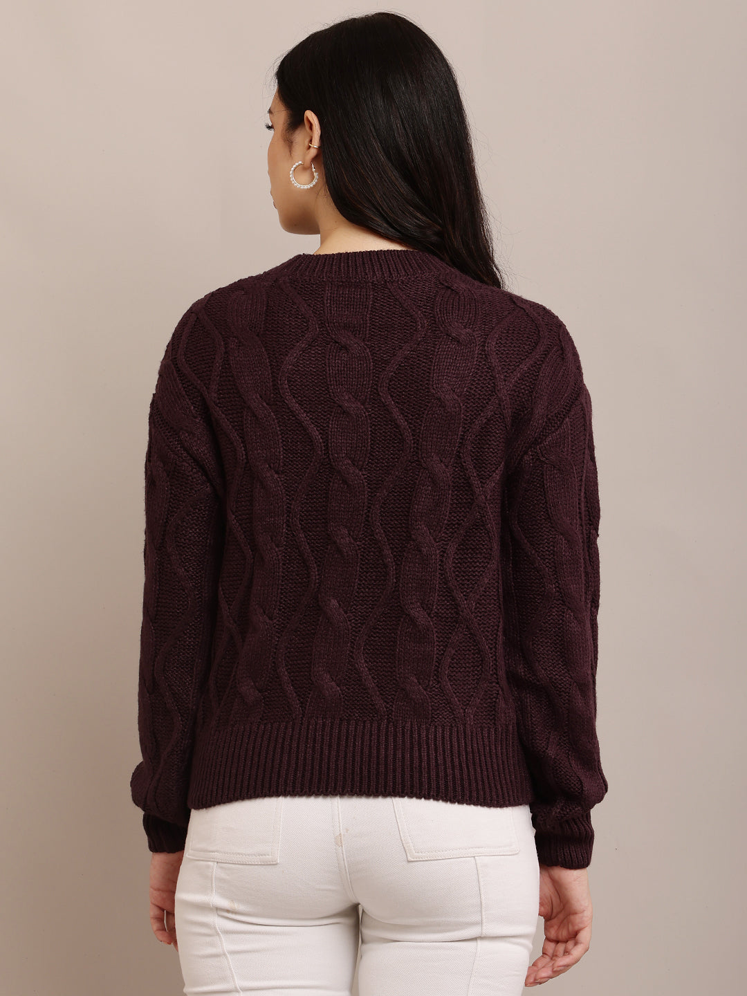 Acrylic Full Sleeve with Round Neck Cable knit Dark Purple sweater
