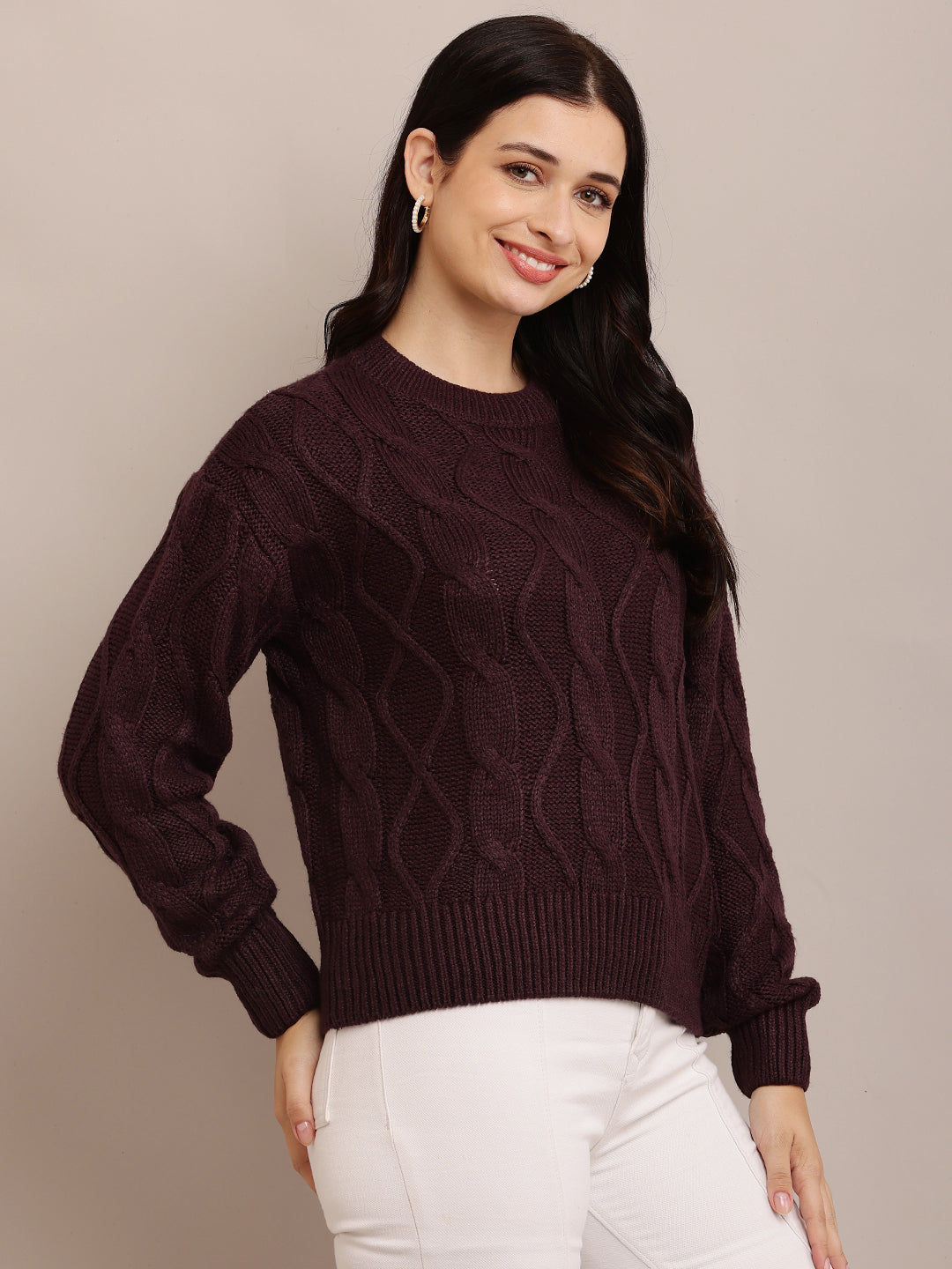 Acrylic Full Sleeve with Round Neck Cable knit Dark Purple sweater