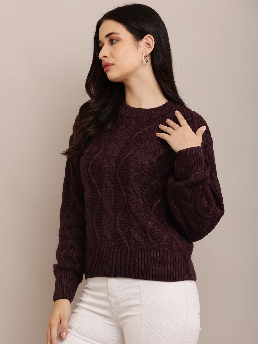 Acrylic Full Sleeve with Round Neck Cable knit Dark Purple sweater