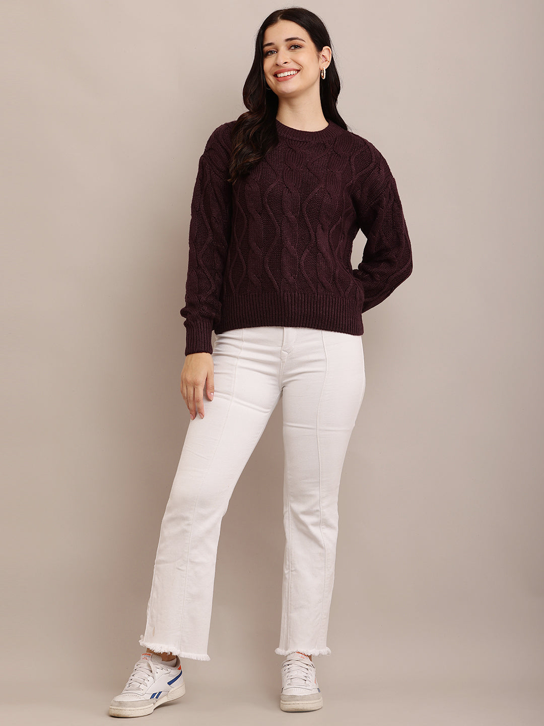 Acrylic Full Sleeve with Round Neck Cable knit Dark Purple sweater