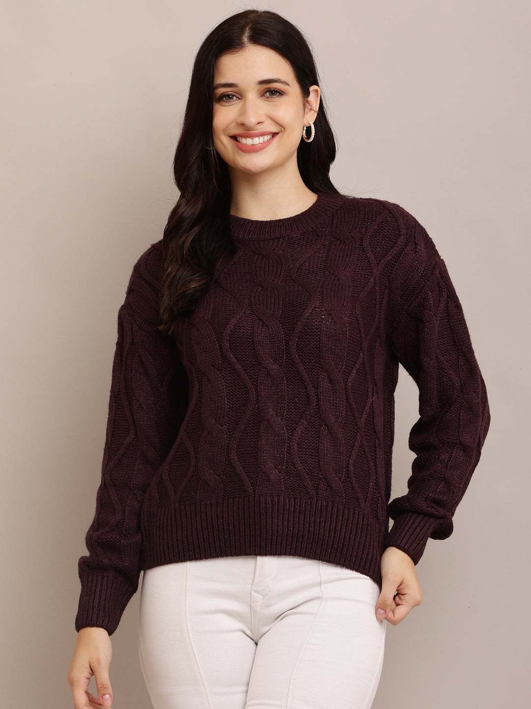 Acrylic Full Sleeve with Round Neck Cable knit Dark Purple sweater