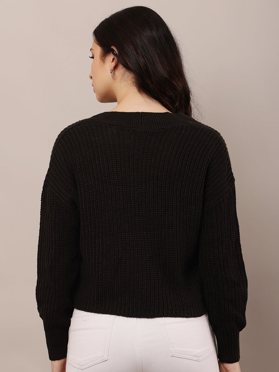 Acrylic Full Sleeve with V-Neck Black Cardigan