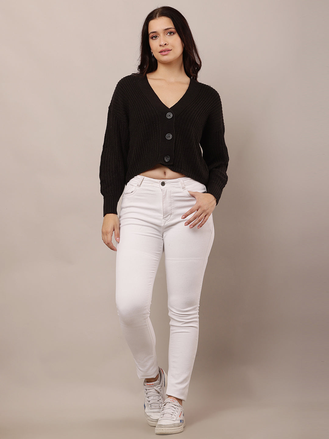 Acrylic Full Sleeve with V-Neck Black Cardigan