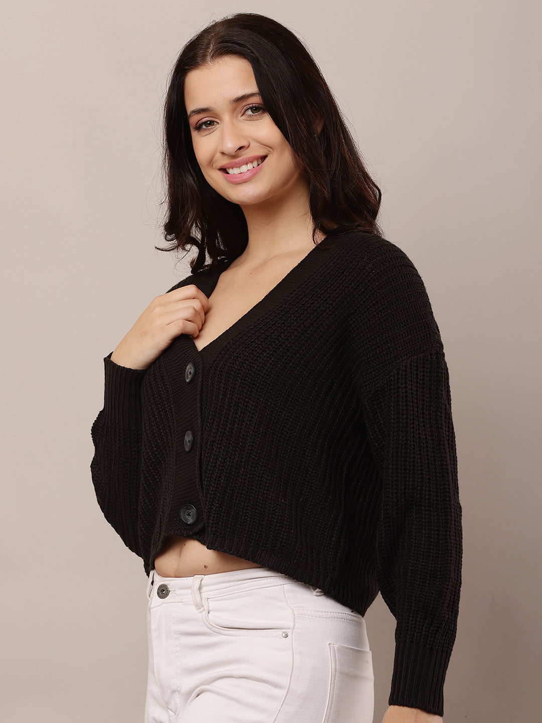 Acrylic Full Sleeve with V-Neck Black Cardigan