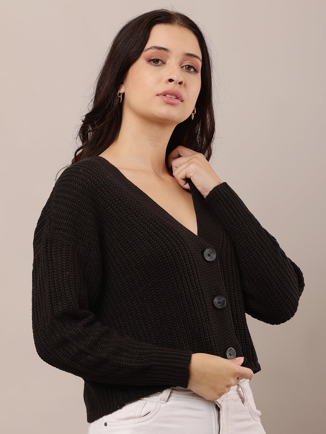 Acrylic Full Sleeve with V-Neck Black Cardigan