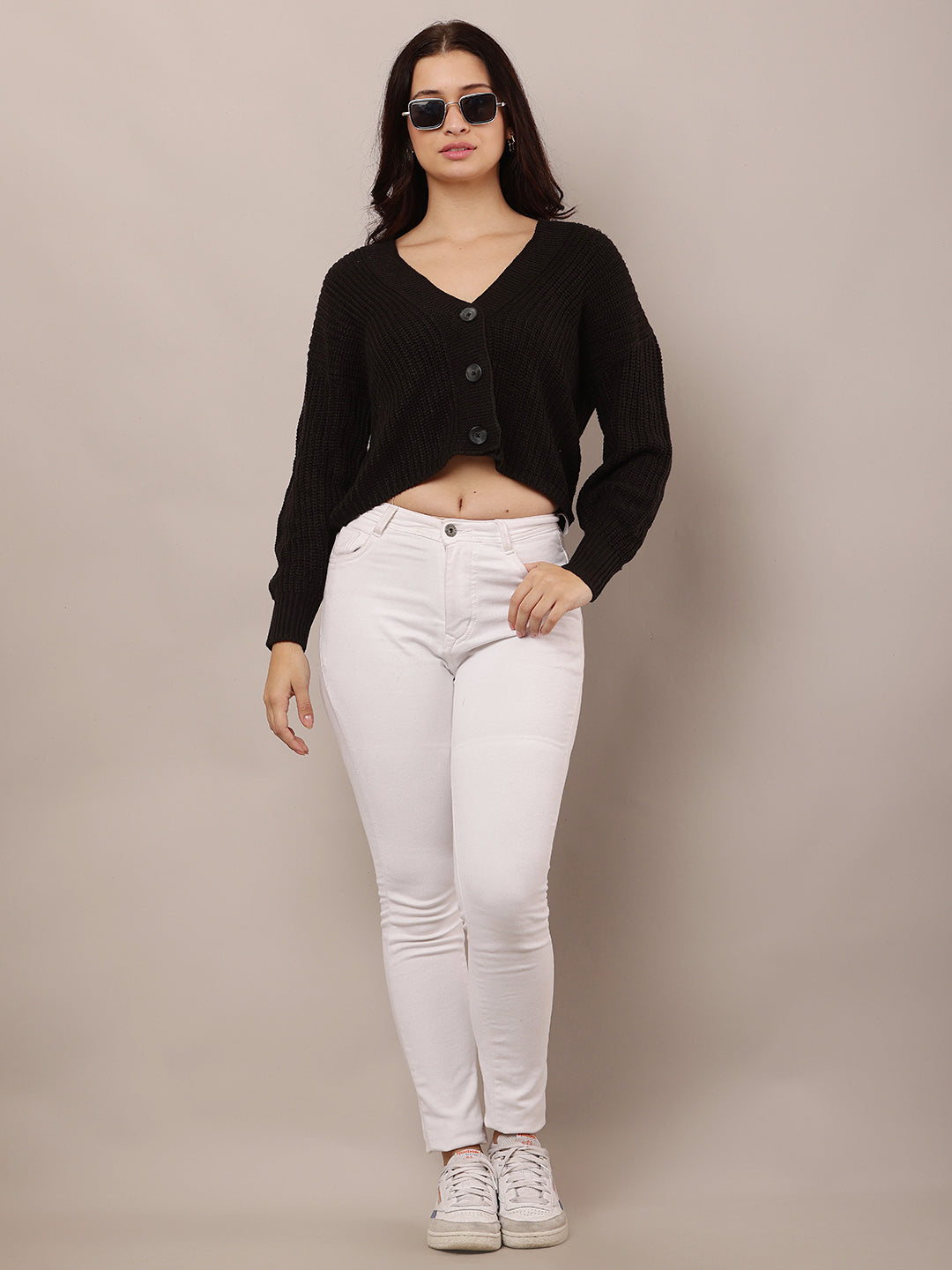 Acrylic Full Sleeve with V-Neck Black Cardigan