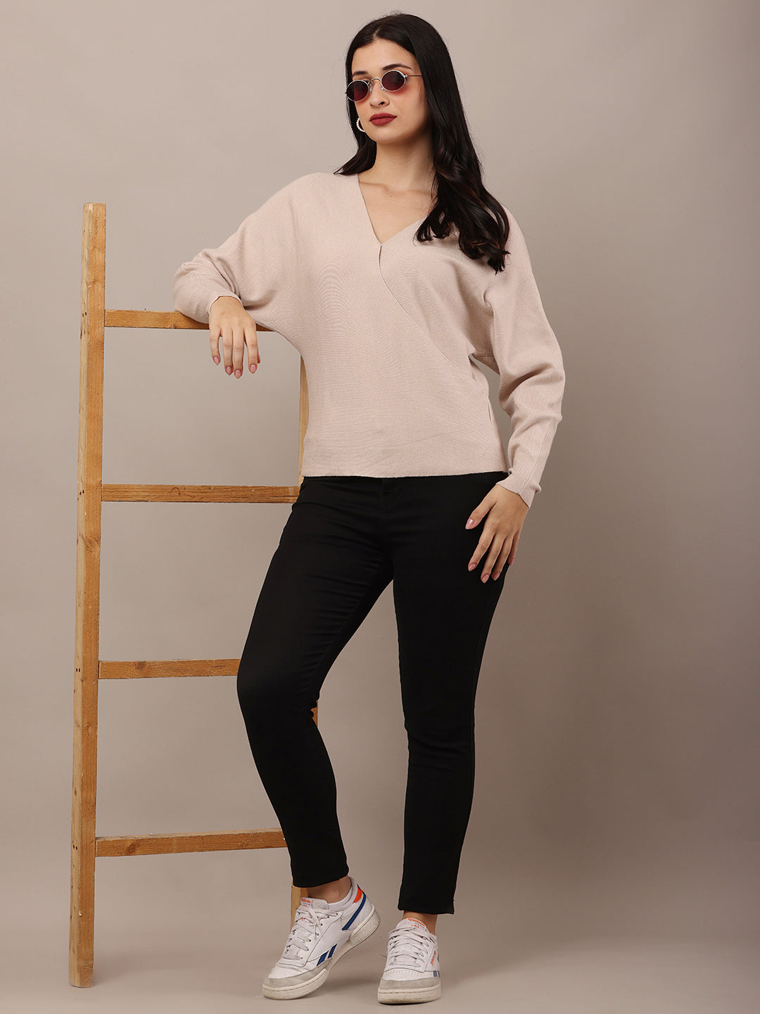 Acrylic V-Neck with Full Sleeve Beige Sweater