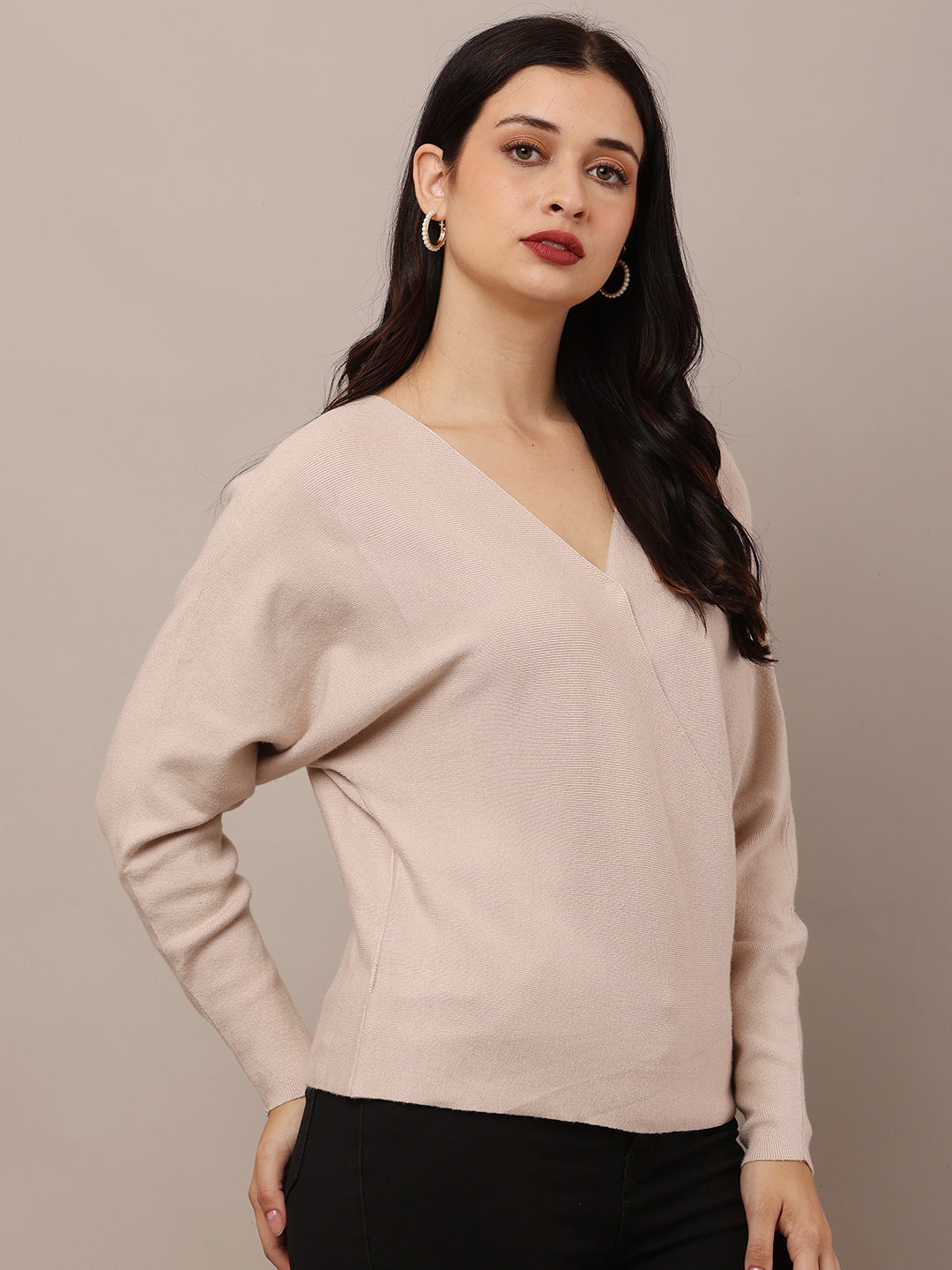 Acrylic V-Neck with Full Sleeve Beige Sweater