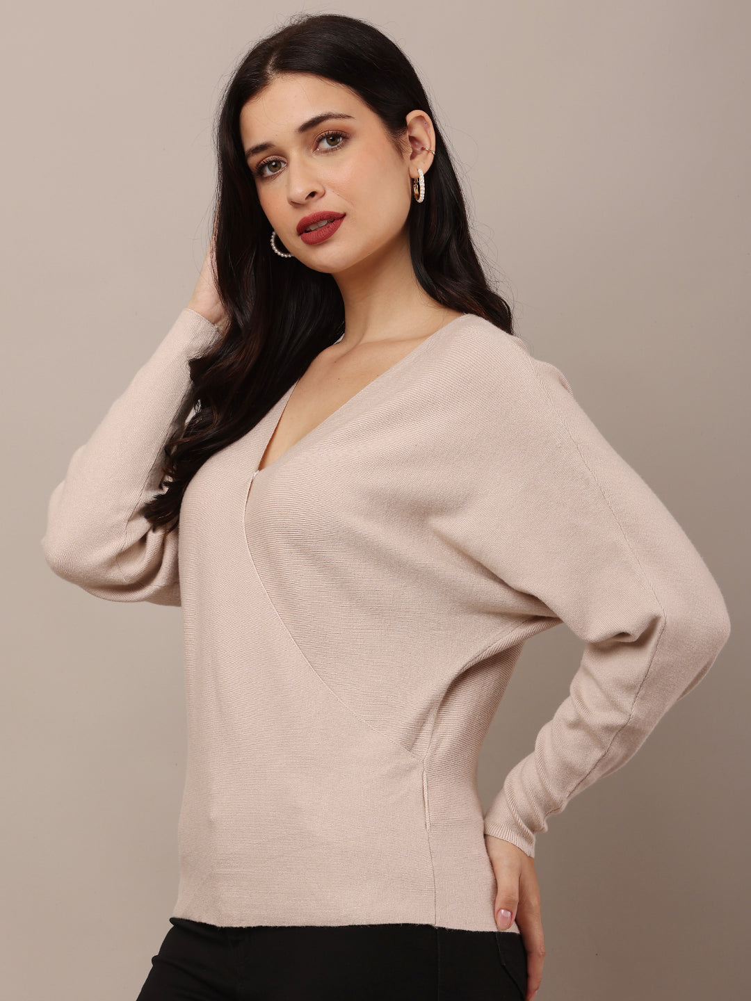 Acrylic V-Neck with Full Sleeve Beige Sweater