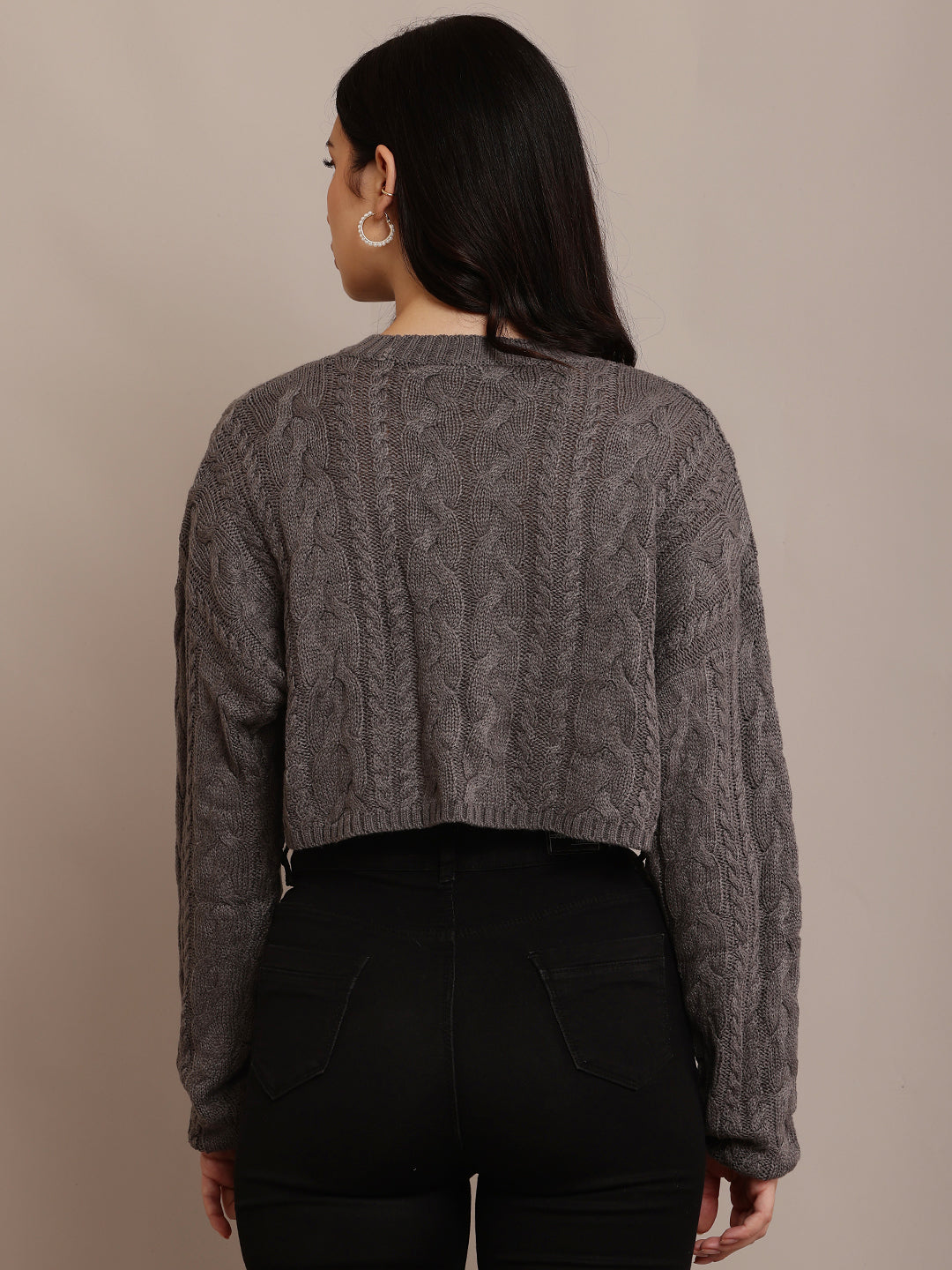 Cotton Full Sleeve with Round Neck Cable Knit Grey Crop sweater